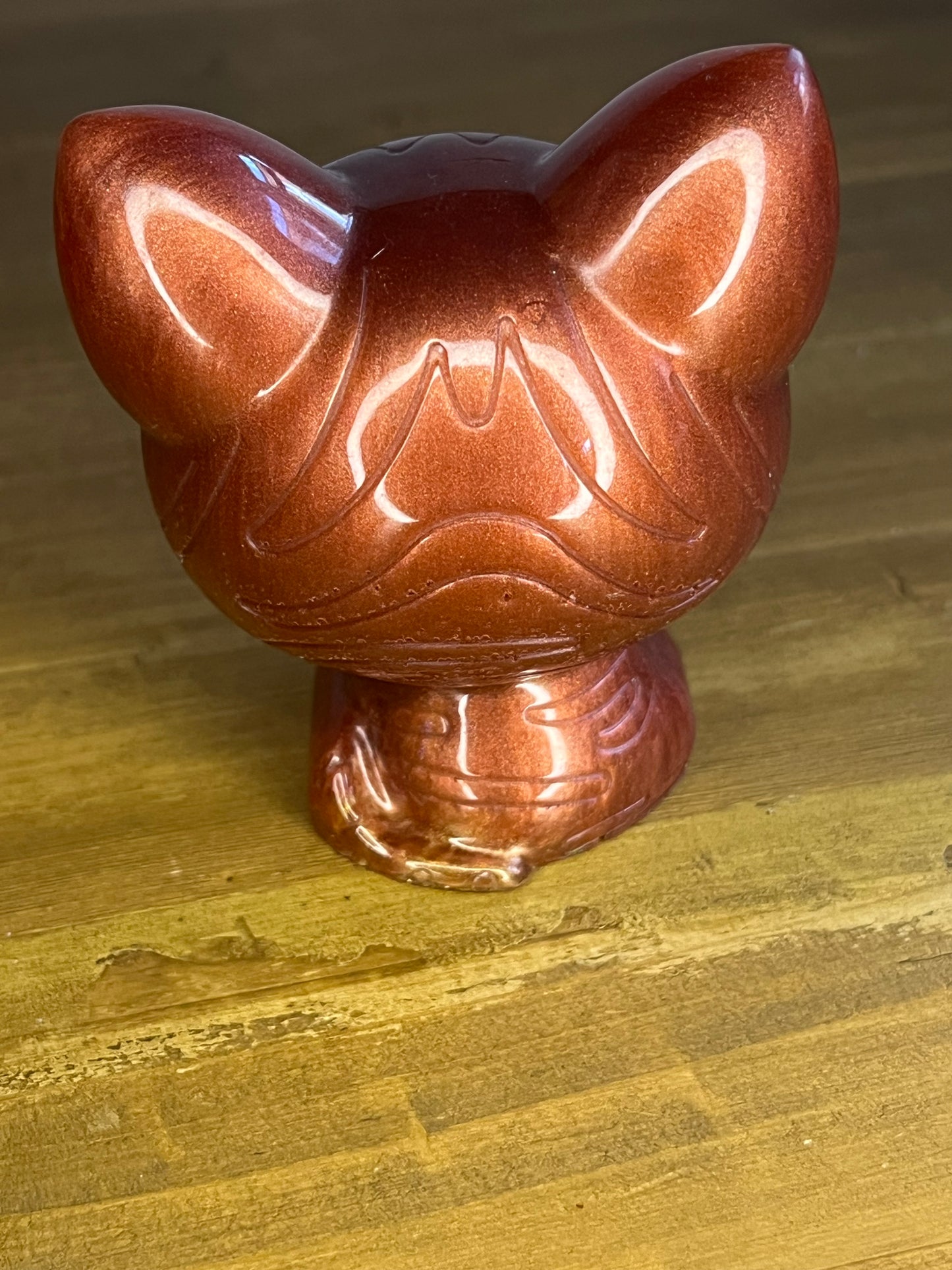 Bronze coloured resin lucky cat figurine, collectible desk buddy, miniature pocket pet, anxiety aid,