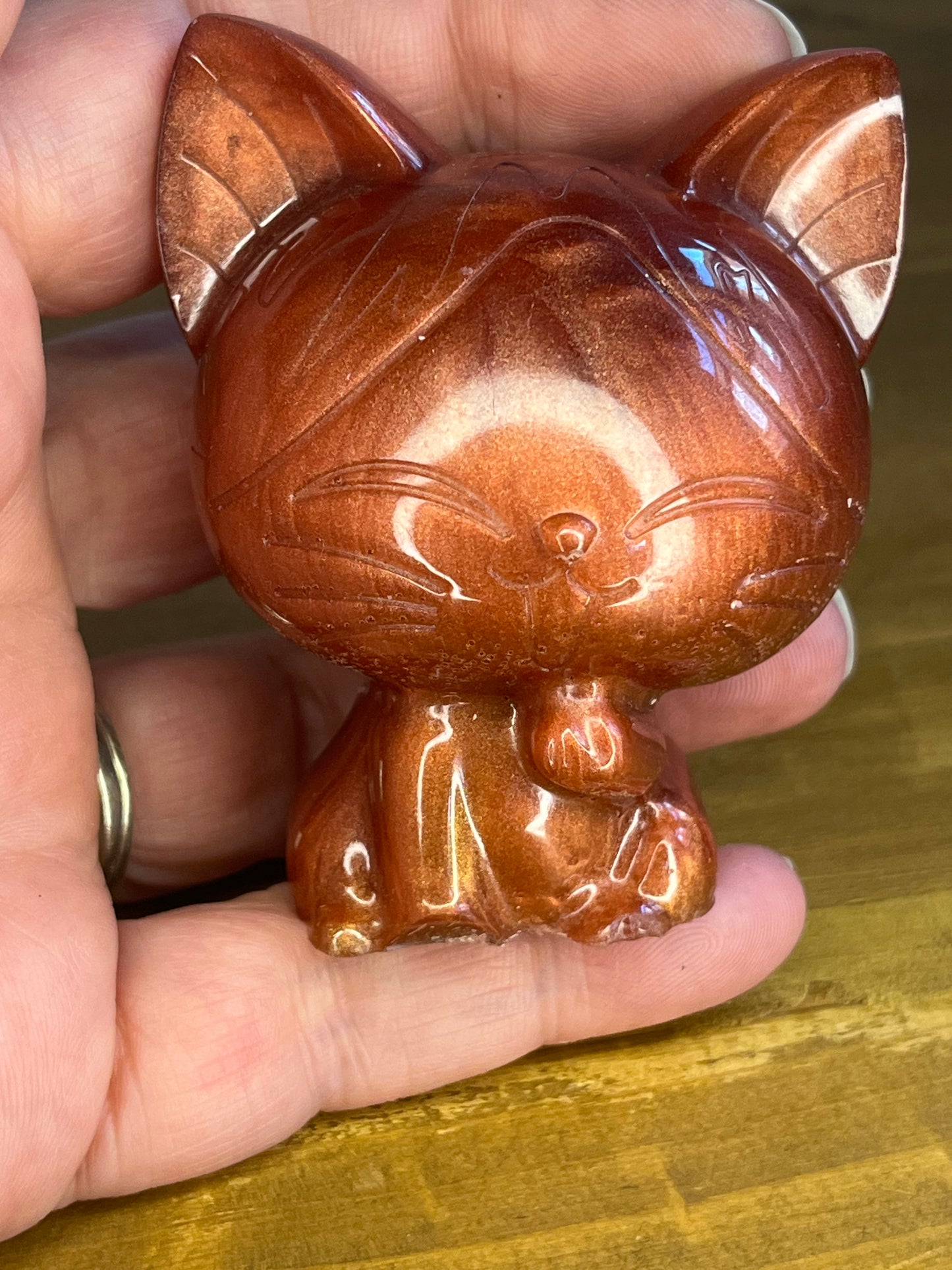 Bronze coloured resin lucky cat figurine, collectible desk buddy, miniature pocket pet, anxiety aid,