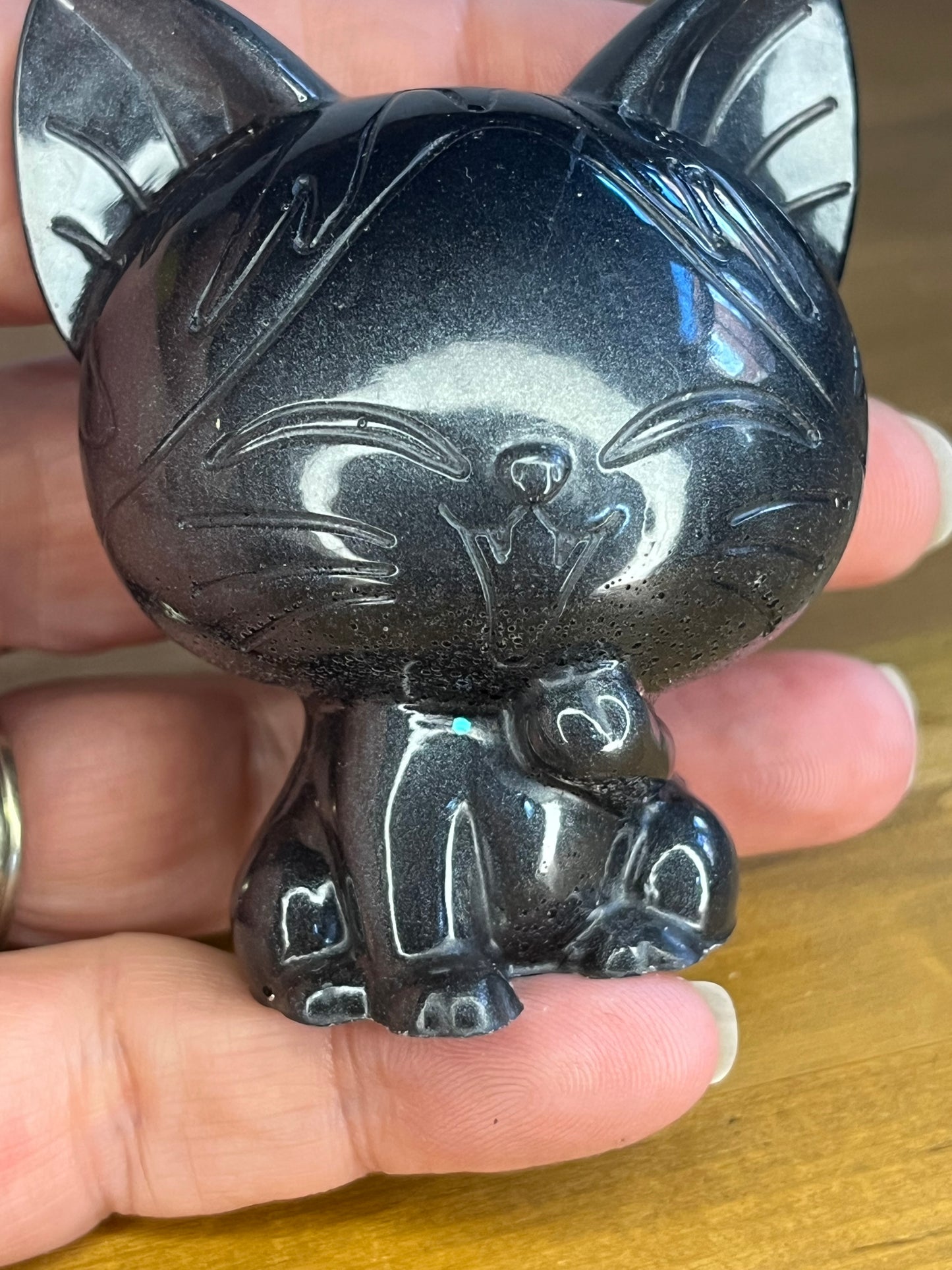 Resin Black Lucky Cat, Handmade Miniature  Companion, Desk Buddy, Pocket Pet, Charm Figure
