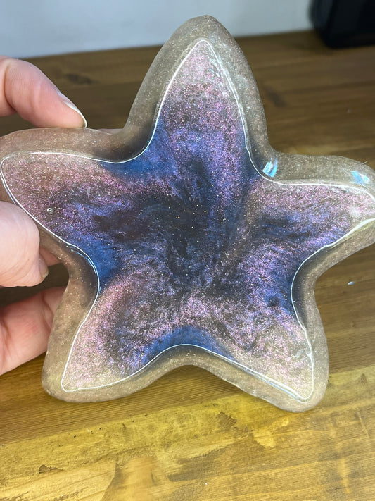 Starfish Blue and Gold Tray, Ocean Inspired Decor, Resin Jewellery Dish, Coastal Home Accent