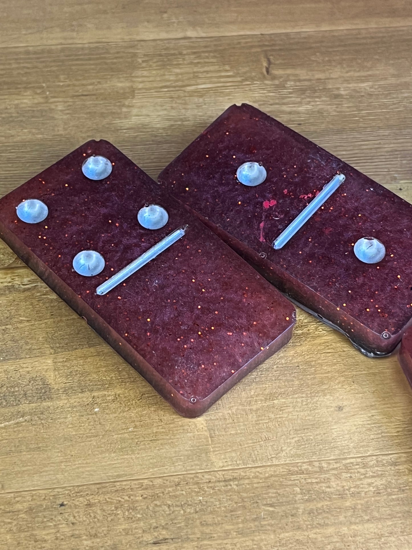 Handmade sparkling red resin dominoes set, lightweight family fun travel game,  mindful activity