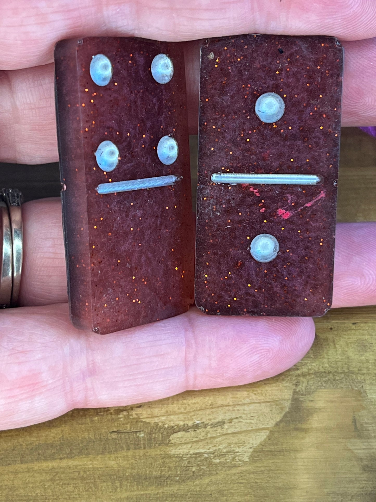 Handmade sparkling red resin dominoes set, lightweight family fun travel game,  mindful activity