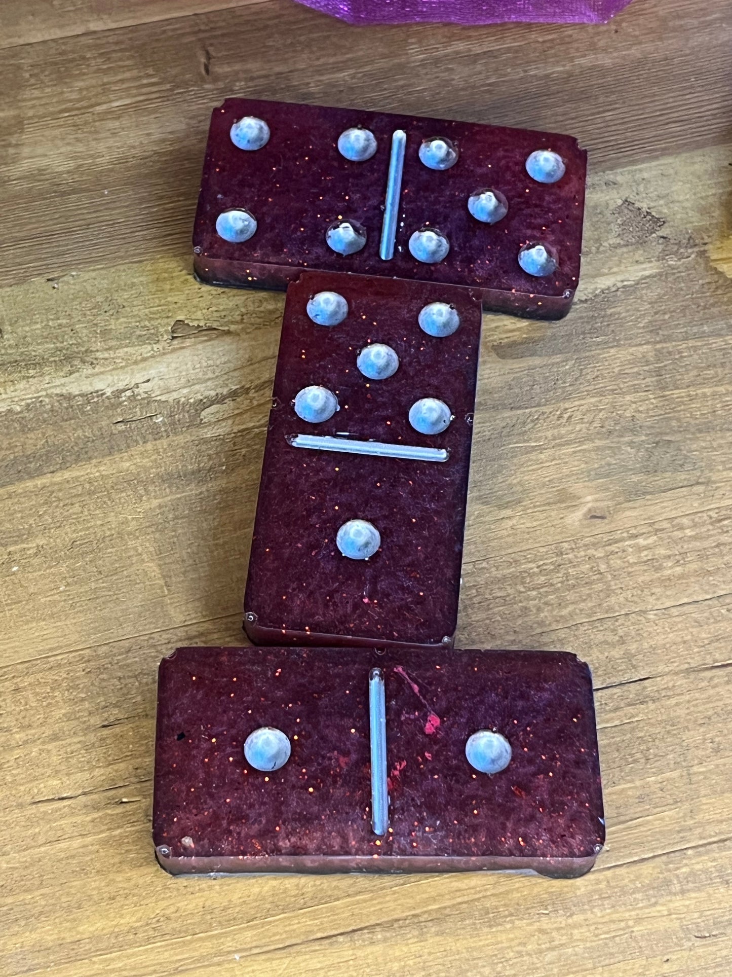 Handmade sparkling red resin dominoes set, lightweight family fun travel game,  mindful activity