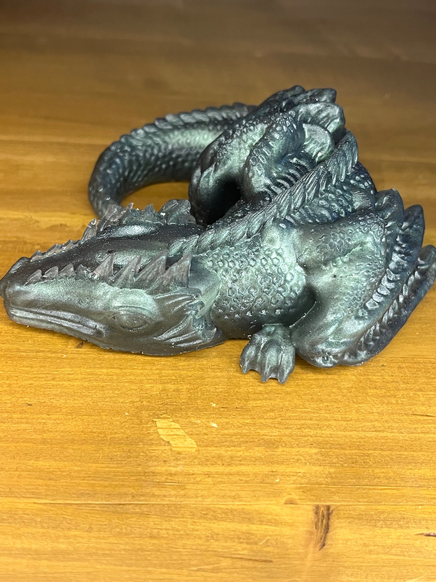 Resin Sleeping Dragon Figurine, Green Handcrafted Miniature Fantasy Creature Mythical Art