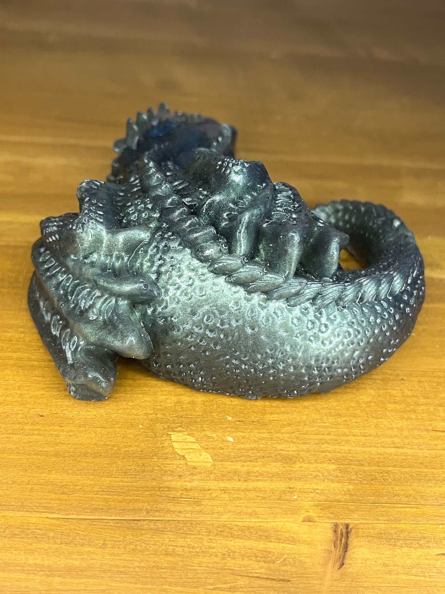 Resin Sleeping Dragon Figurine, Green Handcrafted Miniature Fantasy Creature Mythical Art