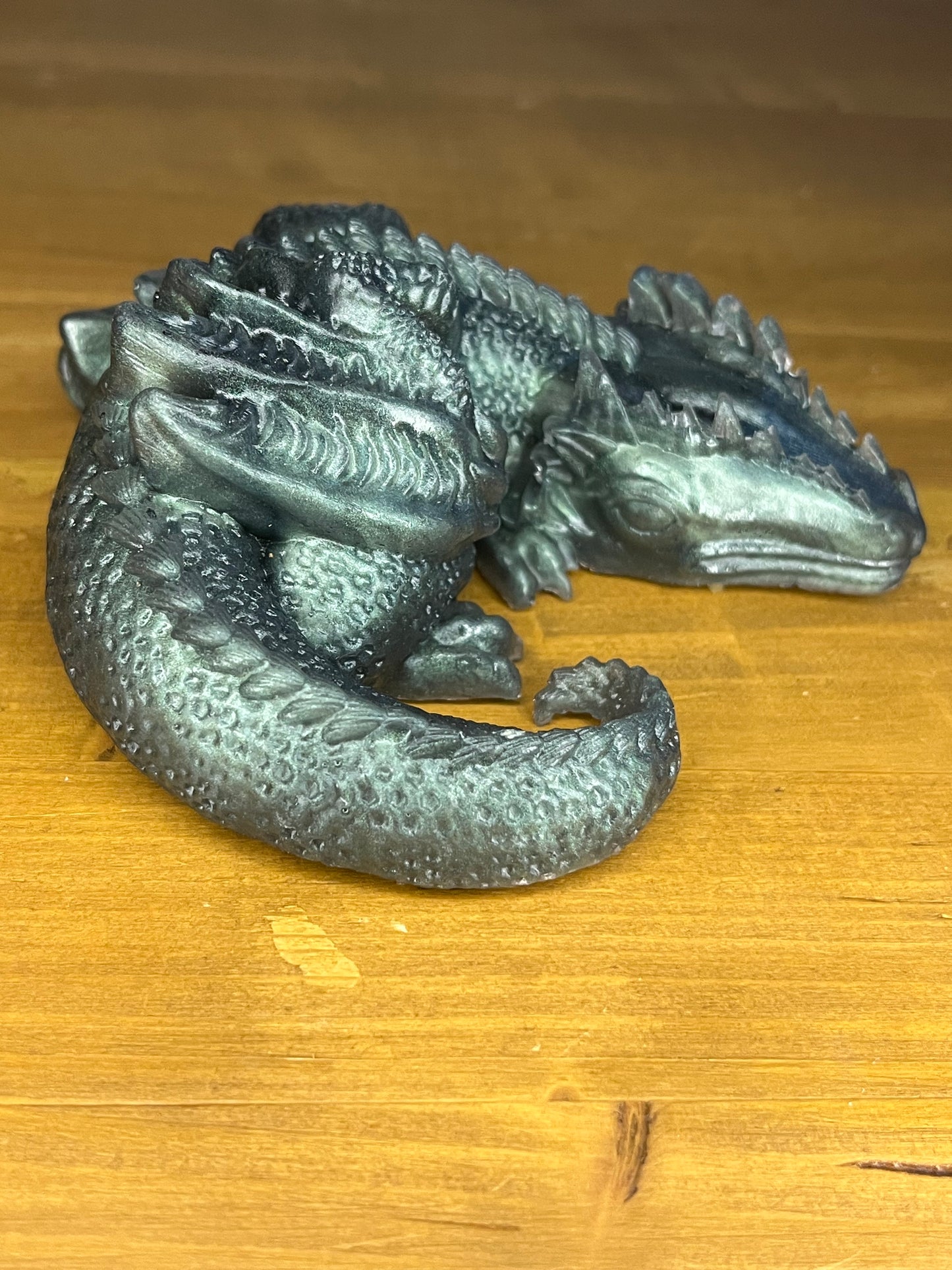 Resin Sleeping Dragon Figurine, Green Handcrafted Miniature Fantasy Creature Mythical Art