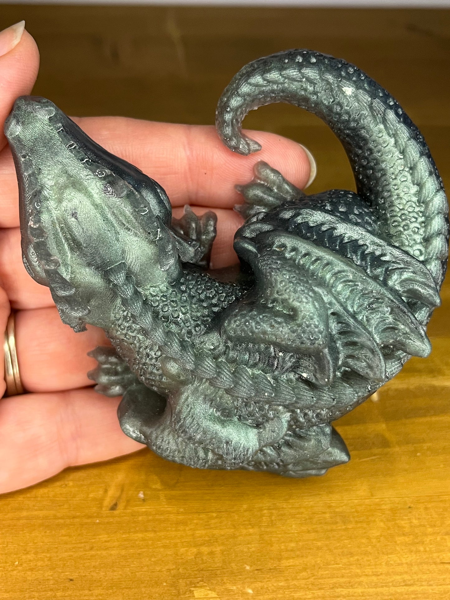 Resin Sleeping Dragon Figurine, Green Handcrafted Miniature Fantasy Creature Mythical Art