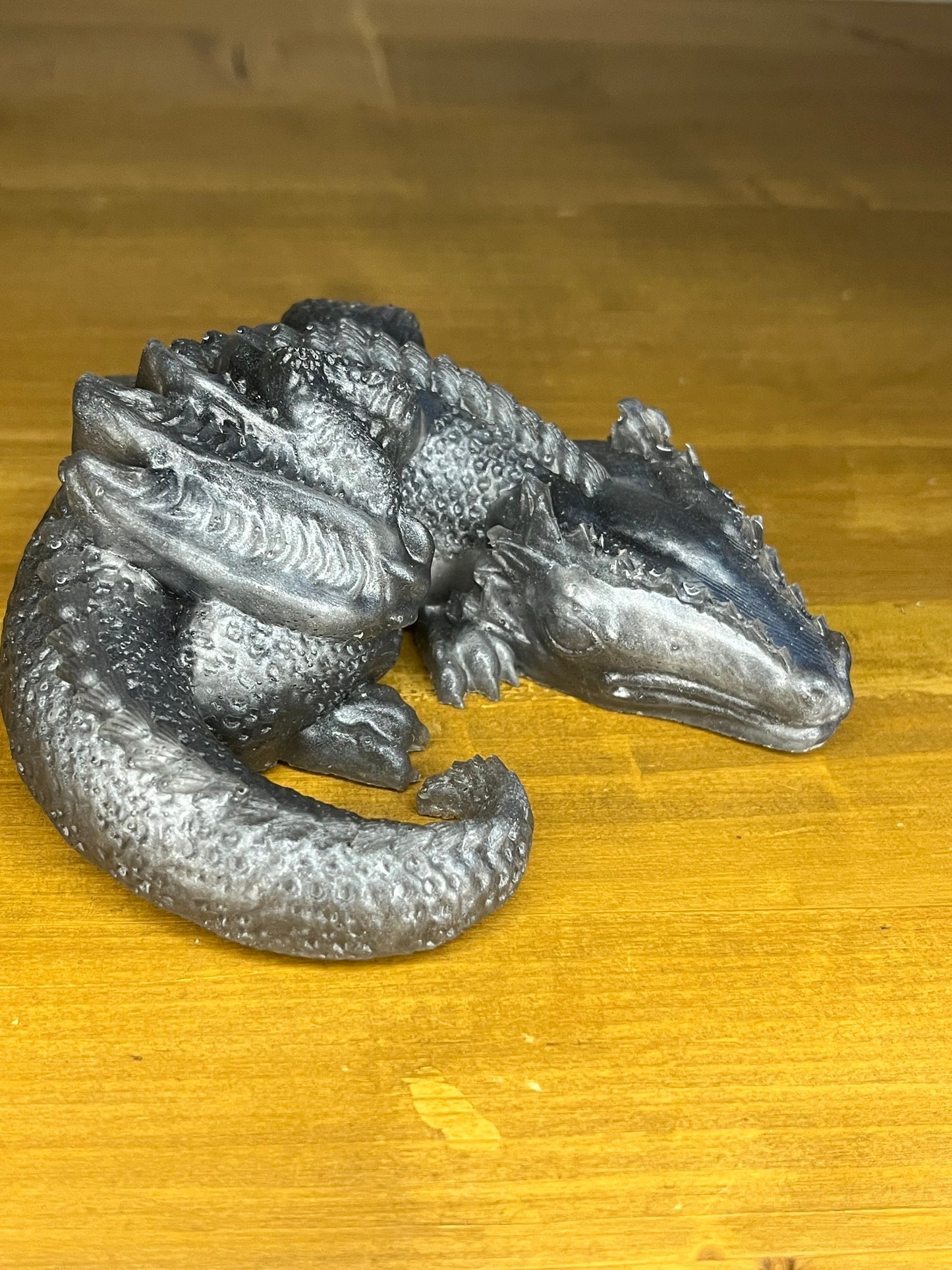 Silver resin sleeping dragon figurine, handmade gothic fantasy figure, mythical creature, decor for DND