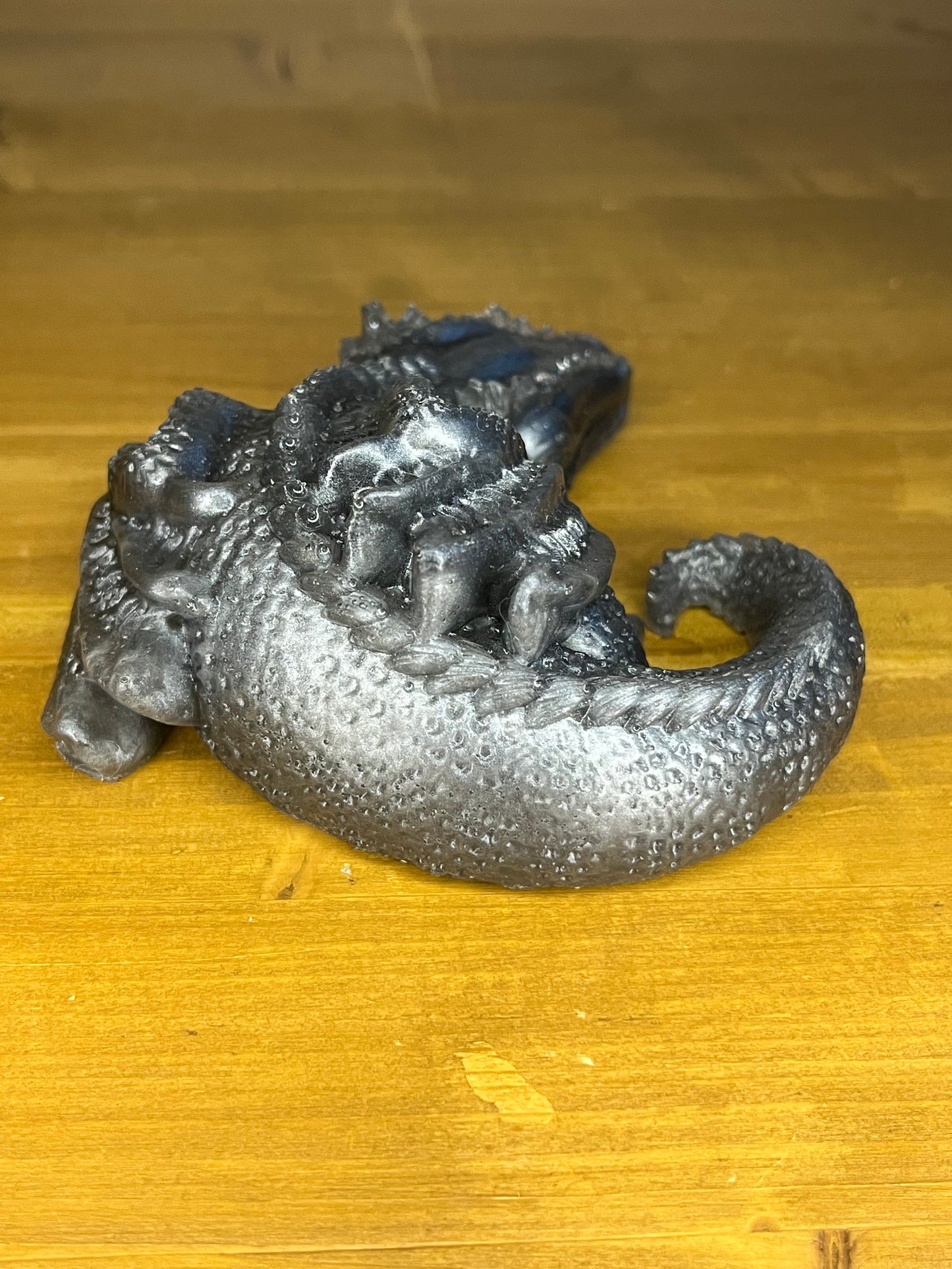 Silver resin sleeping dragon figurine, handmade gothic fantasy figure, mythical creature, decor for DND