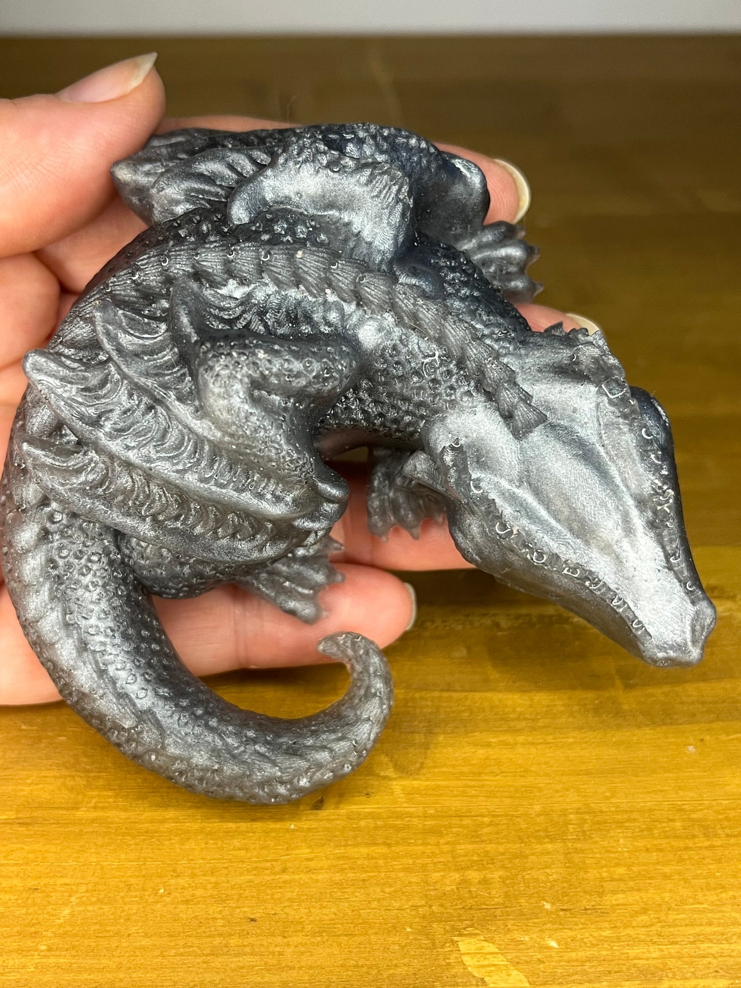 Silver resin sleeping dragon figurine, handmade gothic fantasy figure, mythical creature, decor for DND