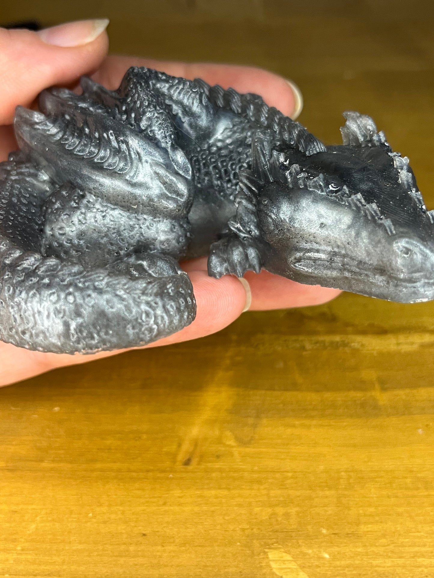 Silver resin sleeping dragon figurine, handmade gothic fantasy figure, mythical creature, decor for DND