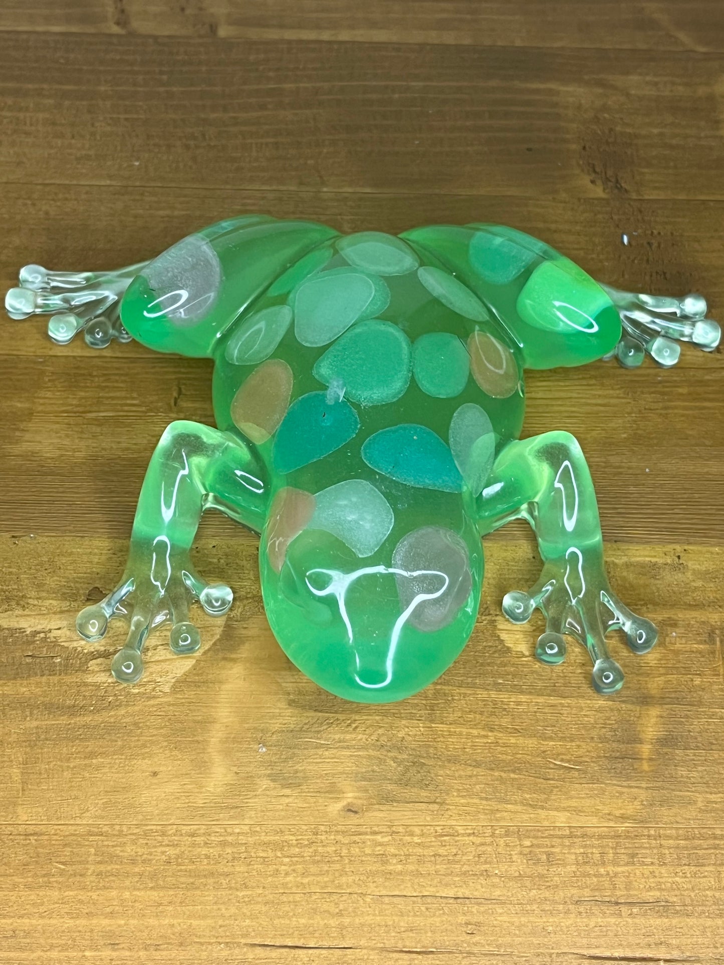 Green resin frog on a wooden surface