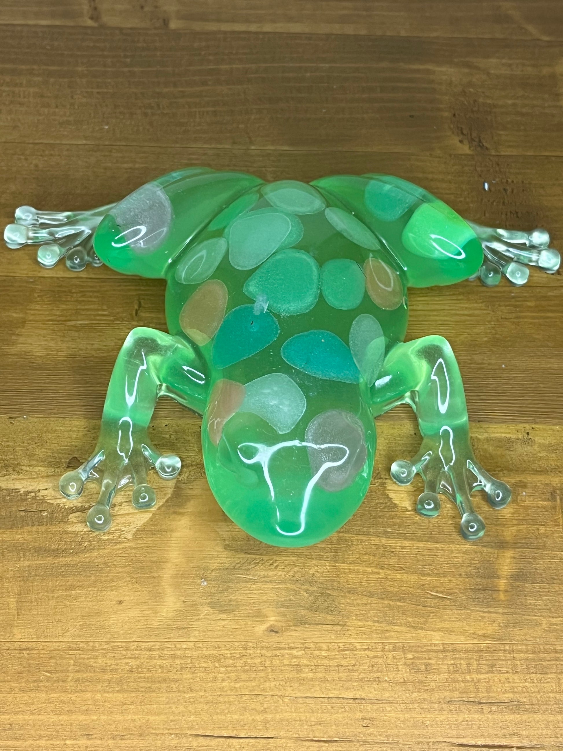 Green resin frog on a wooden surface