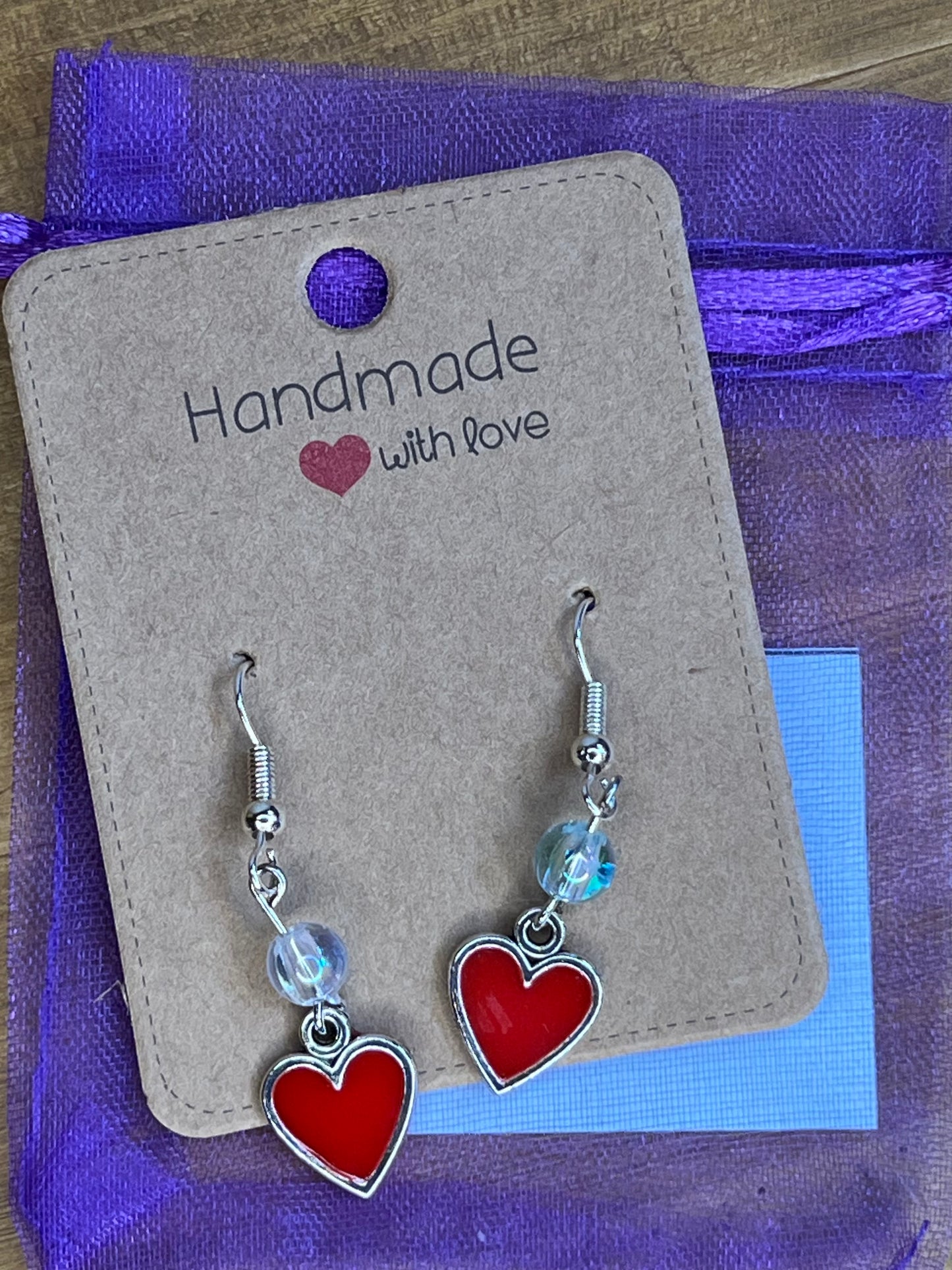 Handmade Red Heart Earrings with Bling Bead, Gift for Women Wedding Bridesmaid