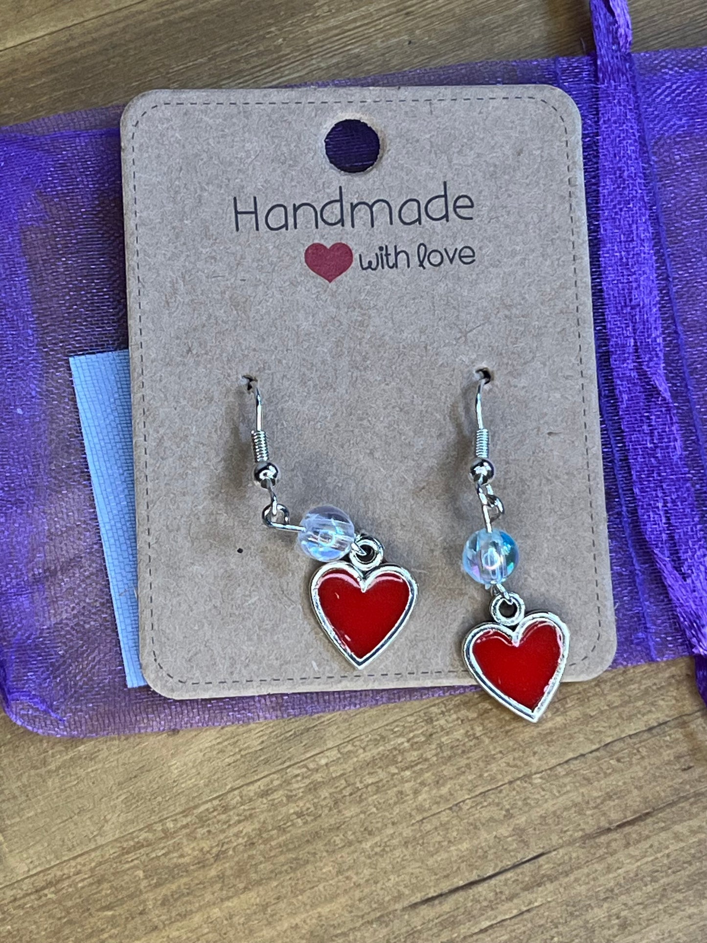 Handmade Red Heart Earrings with Bling Bead, Gift for Women Wedding Bridesmaid