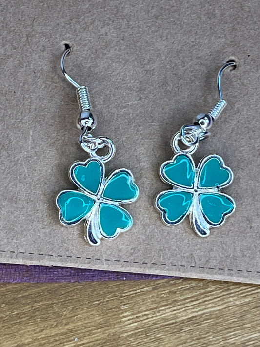 Four Leaf Clover Earrings, Lucky Green Shamrock, Handmade Resin Silver Hypoallergenic Dangle Ear jewellery,