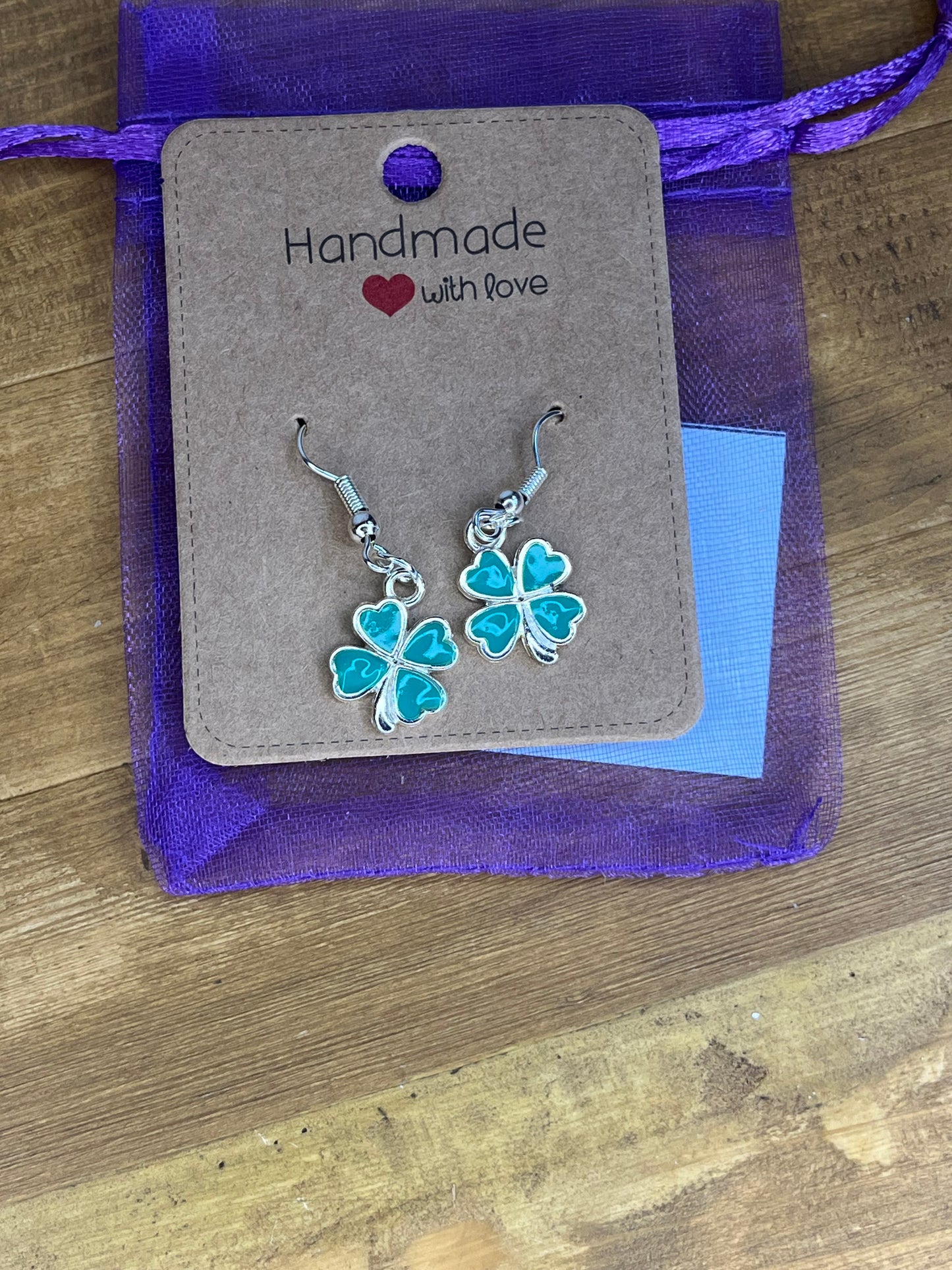 Four Leaf Clover Earrings, Lucky Green Shamrock, Handmade Resin Silver Hypoallergenic Dangle Ear jewellery,