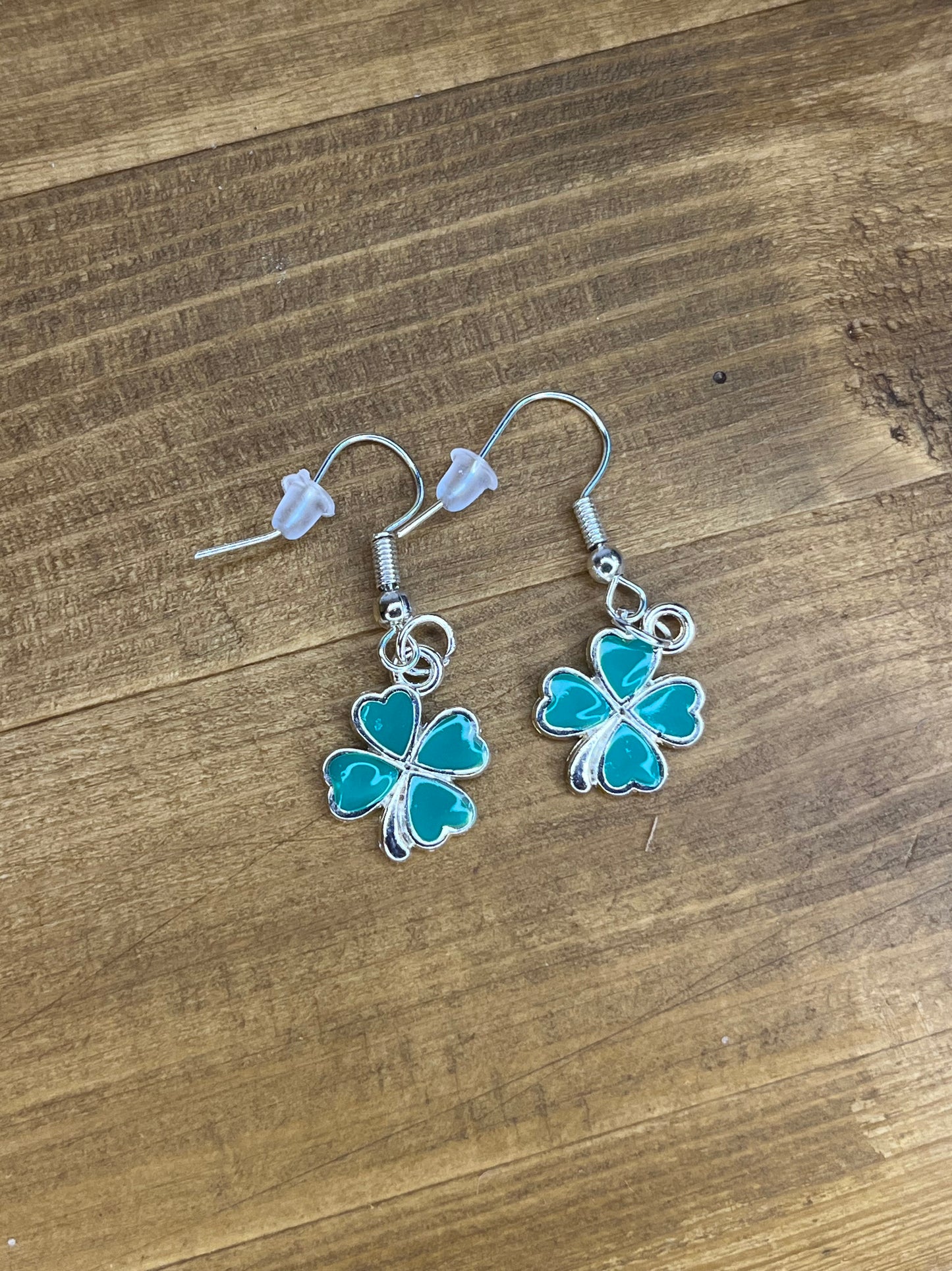 Four Leaf Clover Earrings, Lucky Green Shamrock, Handmade Resin Silver Hypoallergenic Dangle Ear jewellery,