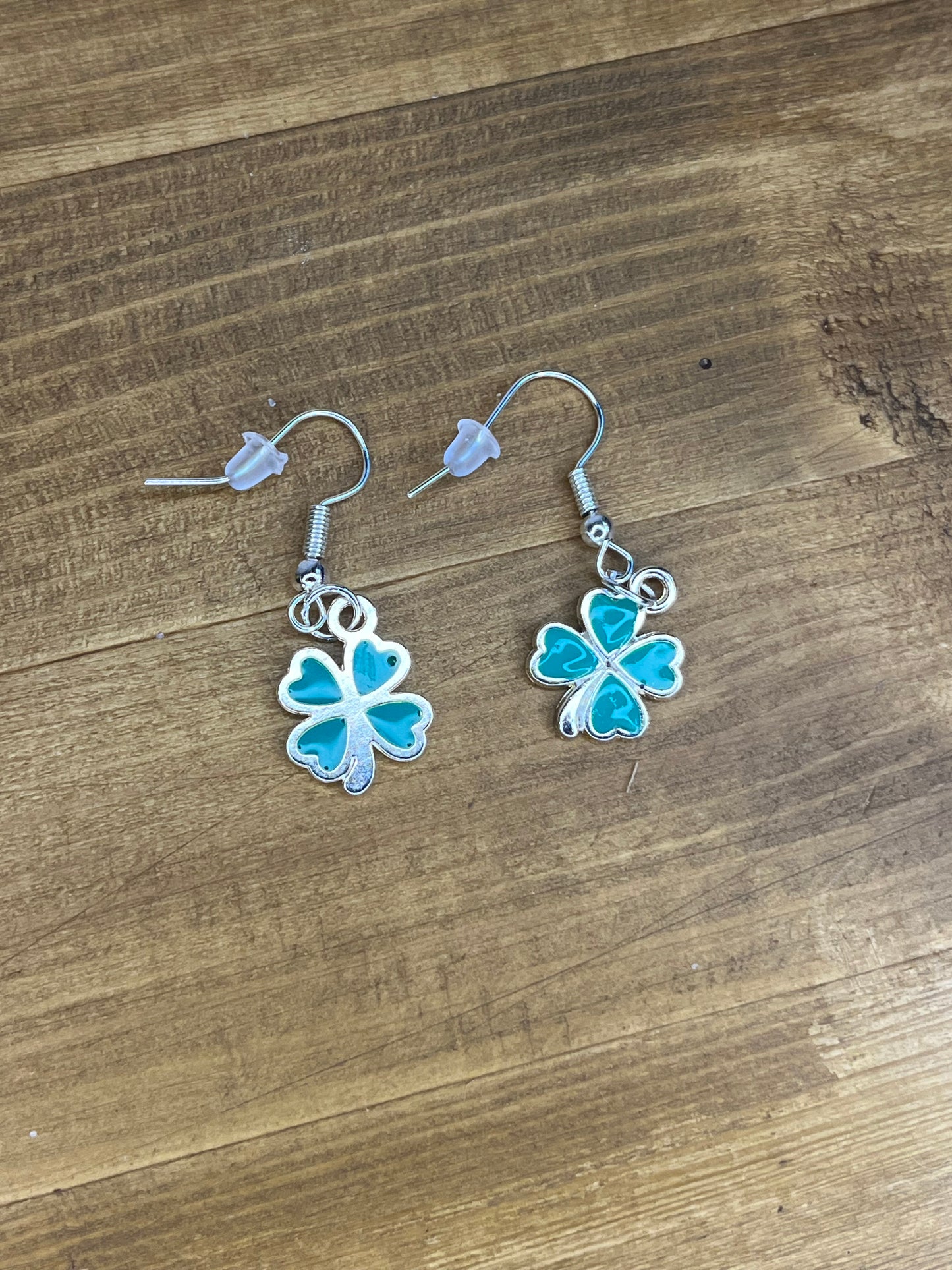 Four Leaf Clover Earrings, Lucky Green Shamrock, Handmade Resin Silver Hypoallergenic Dangle Ear jewellery,