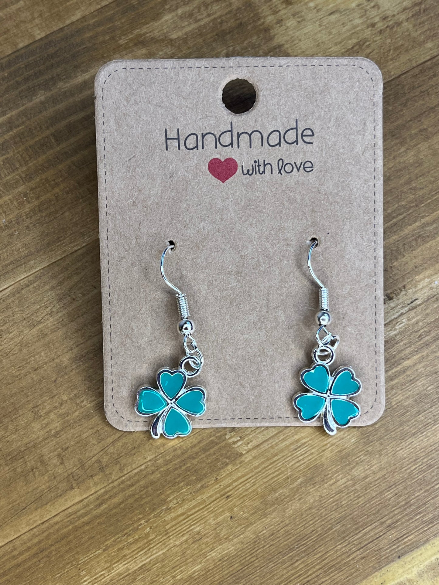 Four Leaf Clover Earrings, Lucky Green Shamrock, Handmade Resin Silver Hypoallergenic Dangle Ear jewellery,