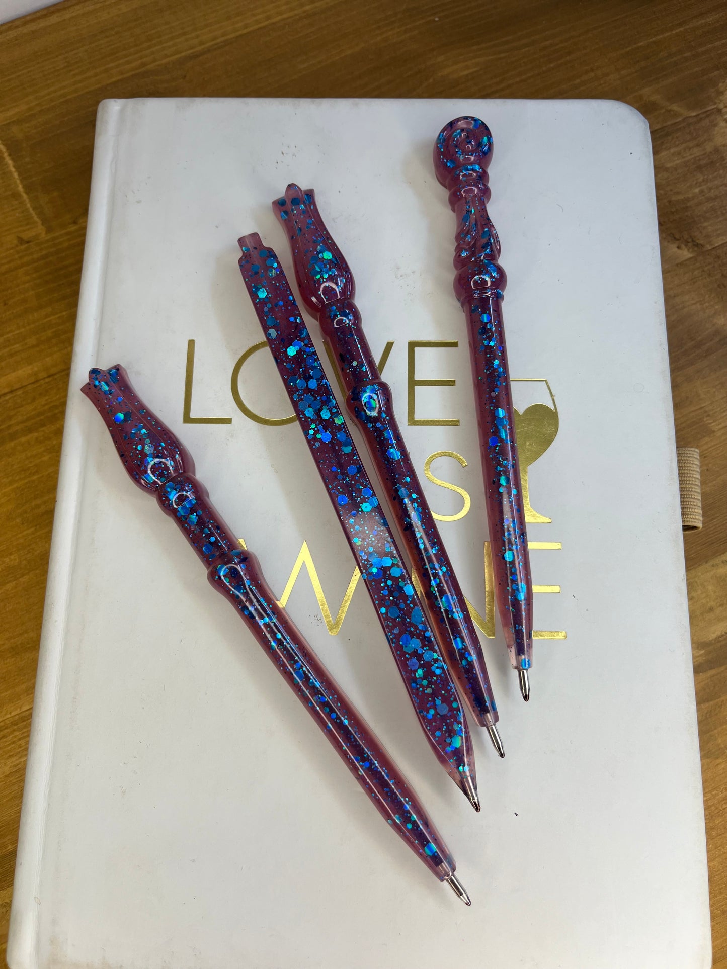 Wand Style Resin Pen Burgundy and Blue Sparkling Fantasy, Handcrafted Galaxy Biro Writers, Artists,