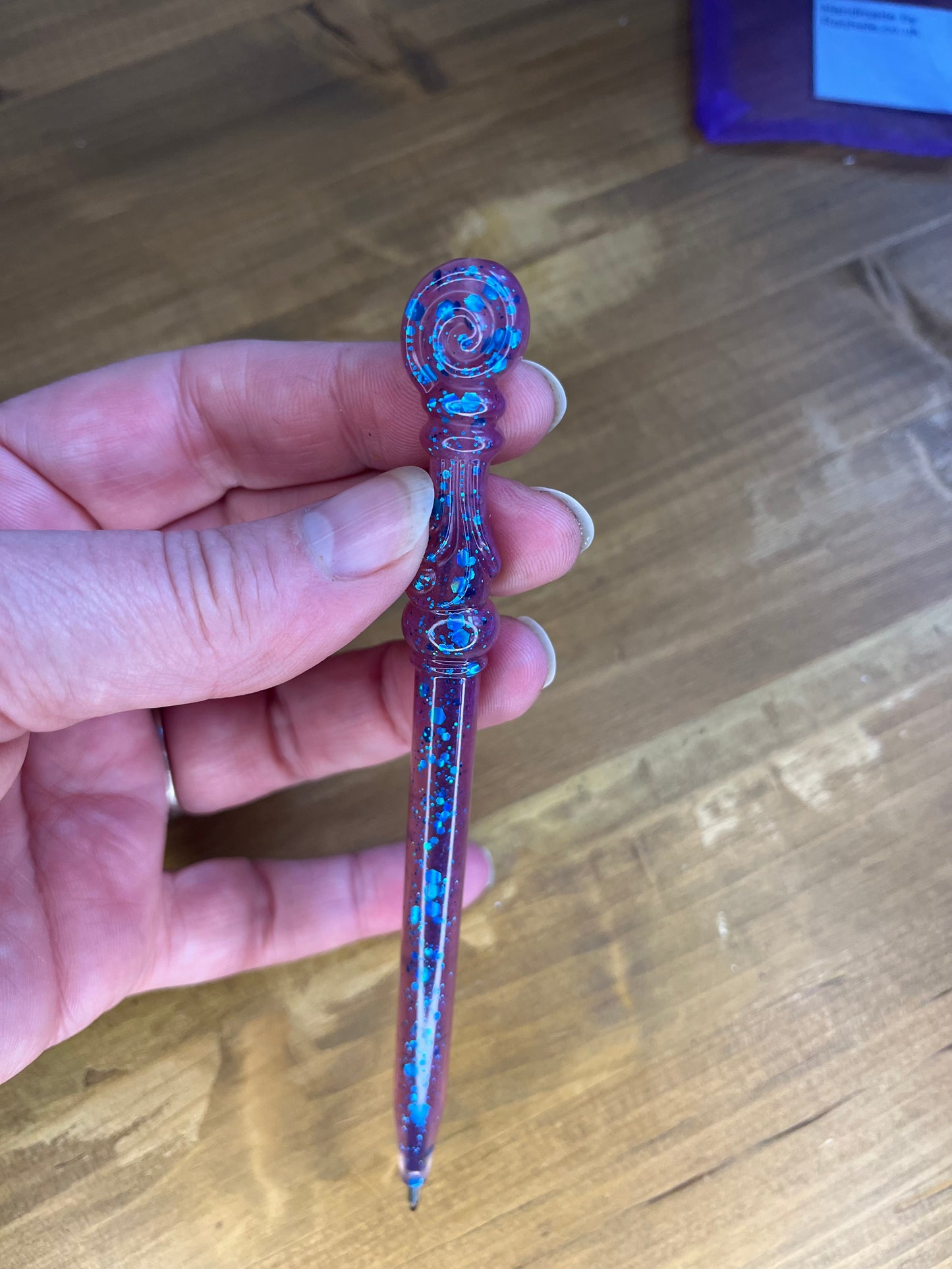 Wand Style Resin Pen Burgundy and Blue Sparkling Fantasy, Handcrafted Galaxy Biro Writers, Artists,