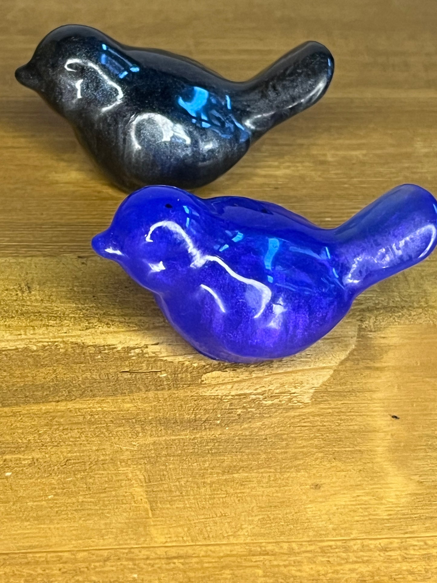 Small resin Blue and Black bird figurine, handmade collectible pocket pet, desk buddy,