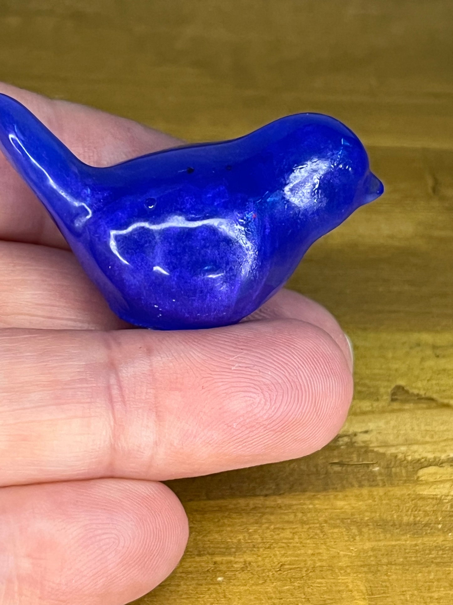 Small resin Blue and Black bird figurine, handmade collectible pocket pet, desk buddy,