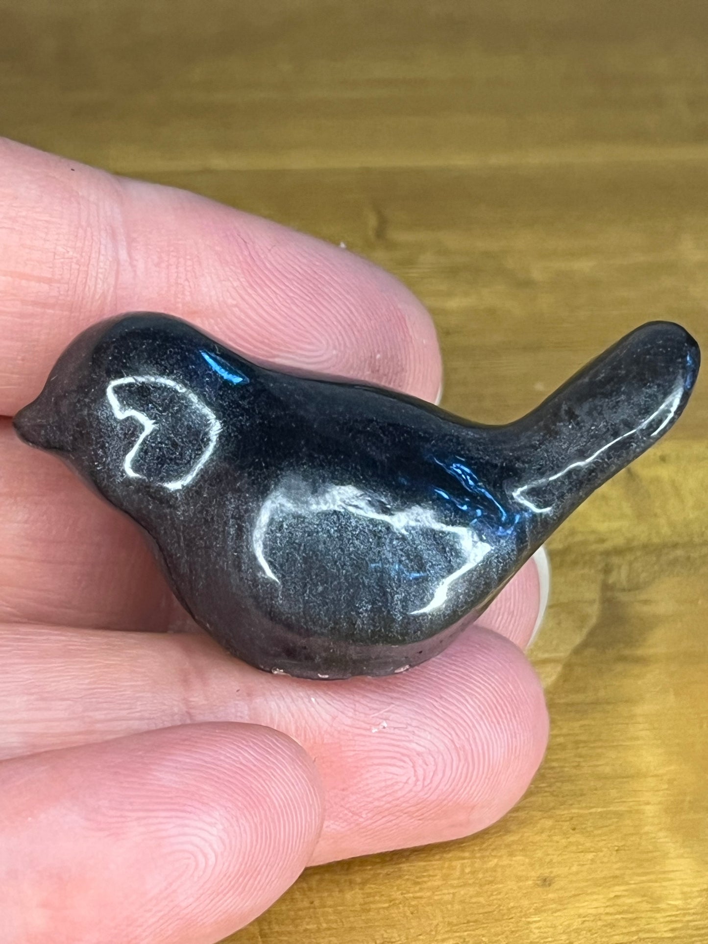 Small resin Blue and Black bird figurine, handmade collectible pocket pet, desk buddy,