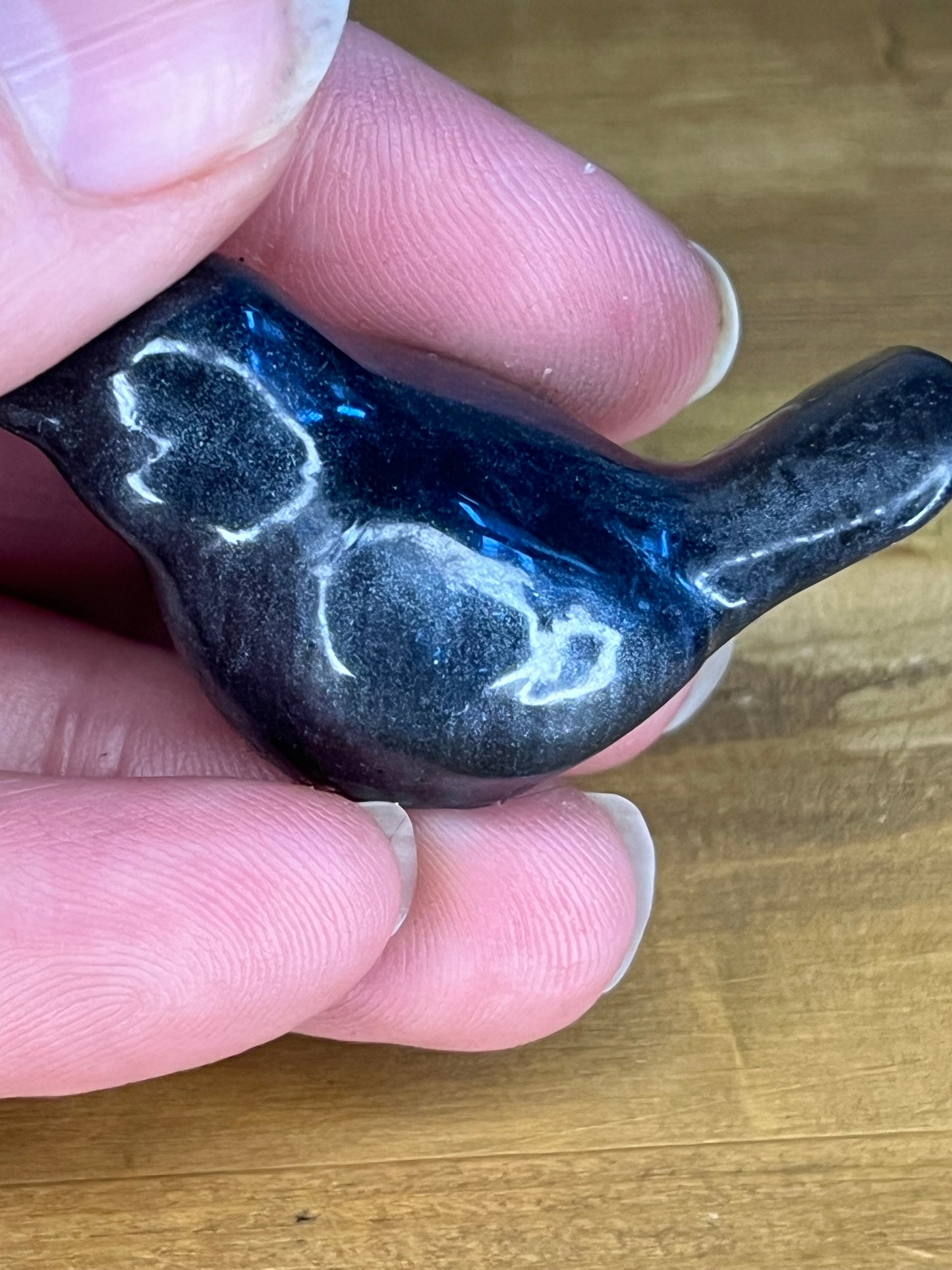 Small resin Blue and Black bird figurine, handmade collectible pocket pet, desk buddy,