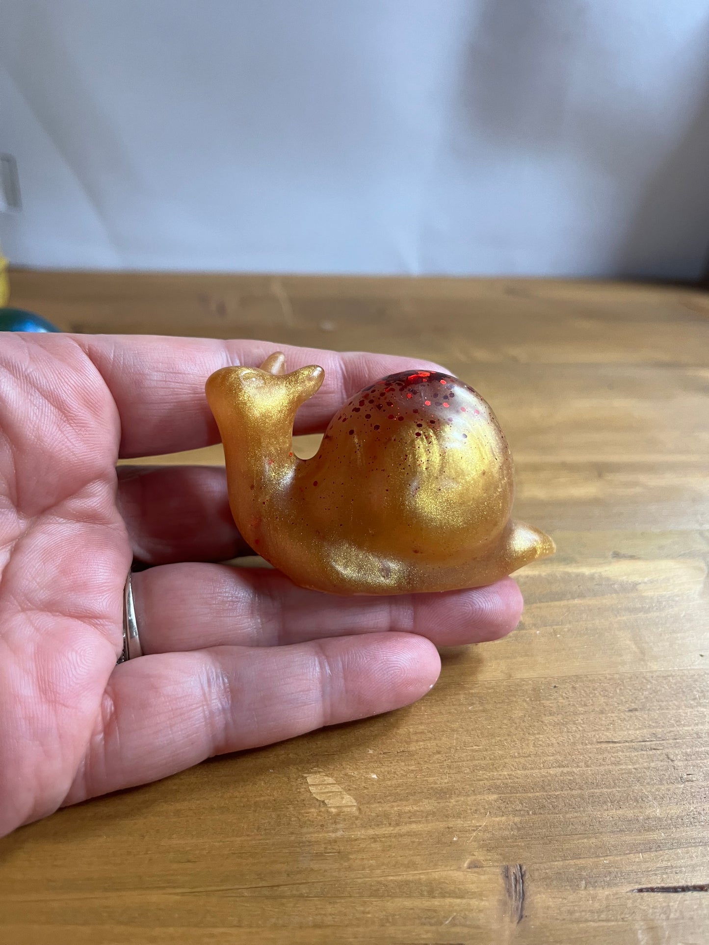 Resin Snail Figurine, Yellow with Red Glitter Decorative Art