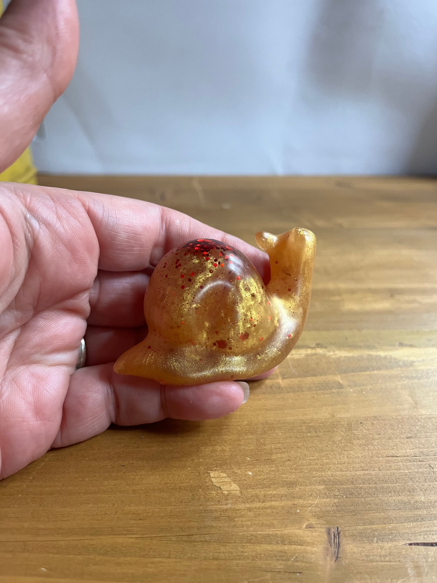 Resin Snail Figurine, Yellow with Red Glitter Decorative Art