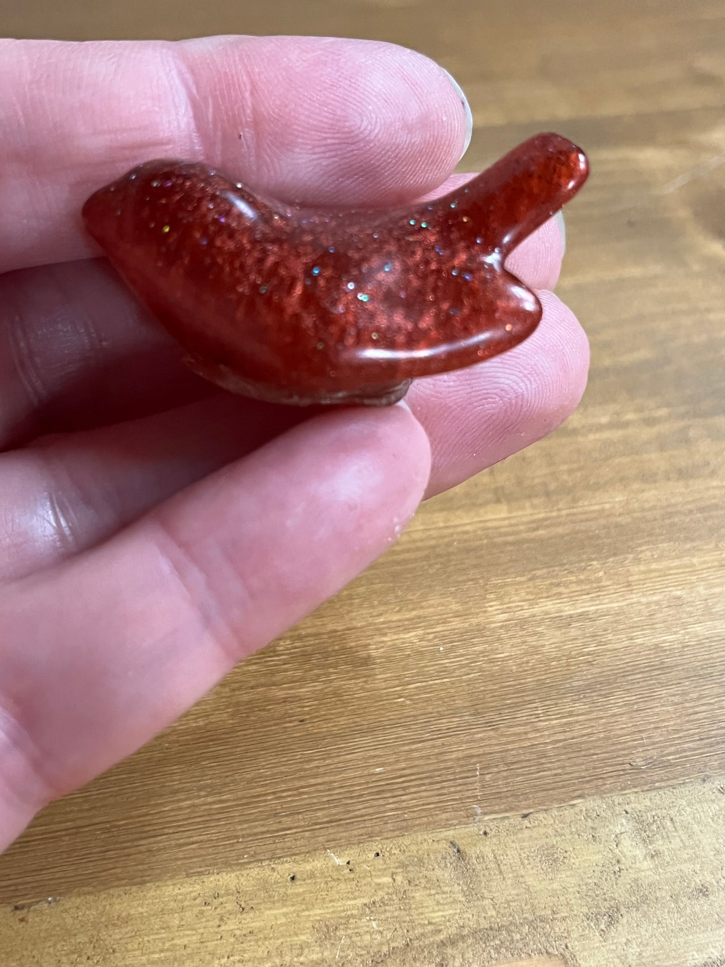 Red Glittery Resin Bird Figurine, Handcrafted Nature-inspired Collectable Pocket Pet, Rustic Home Accent