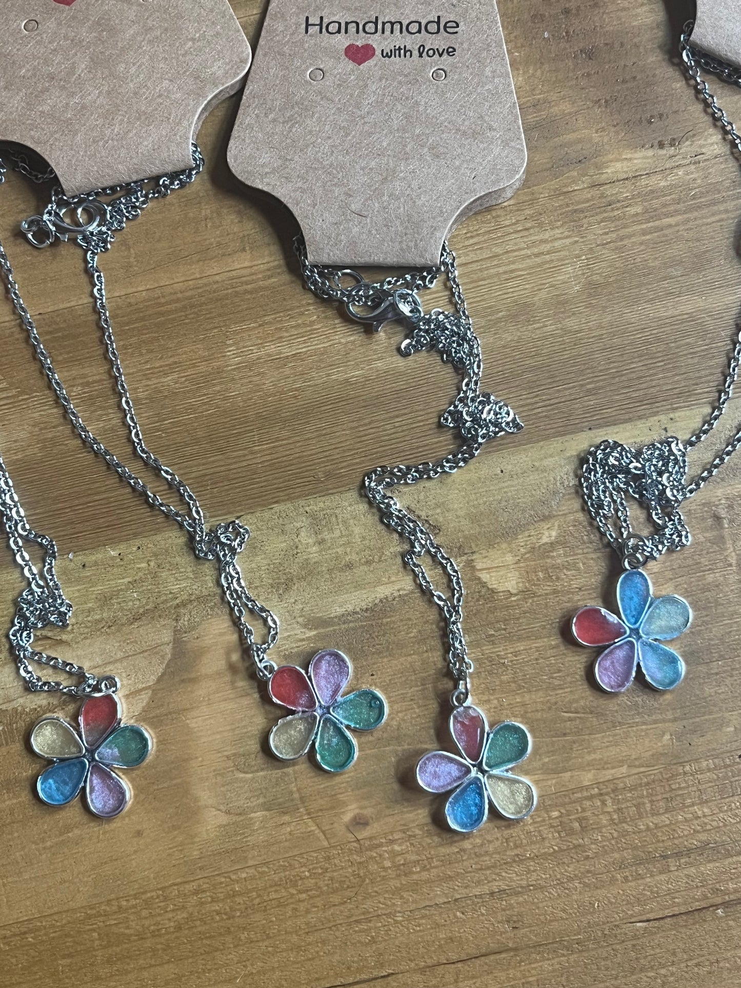 Rainbow Resin Flower Necklace, Handmade Multicoloured Pendant on Stainless Steel Chain, Bridesmaid Gift