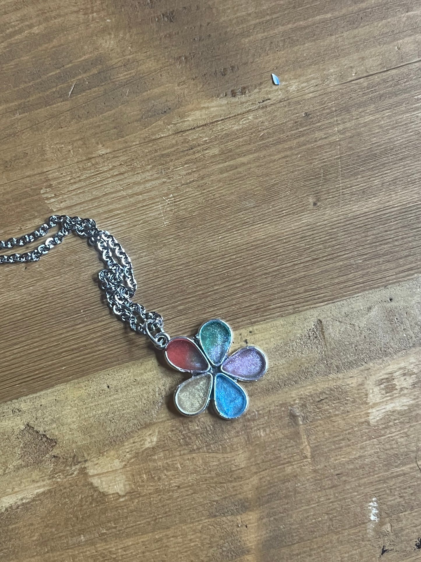 Rainbow Resin Flower Necklace, Handmade Multicoloured Pendant on Stainless Steel Chain, Bridesmaid Gift