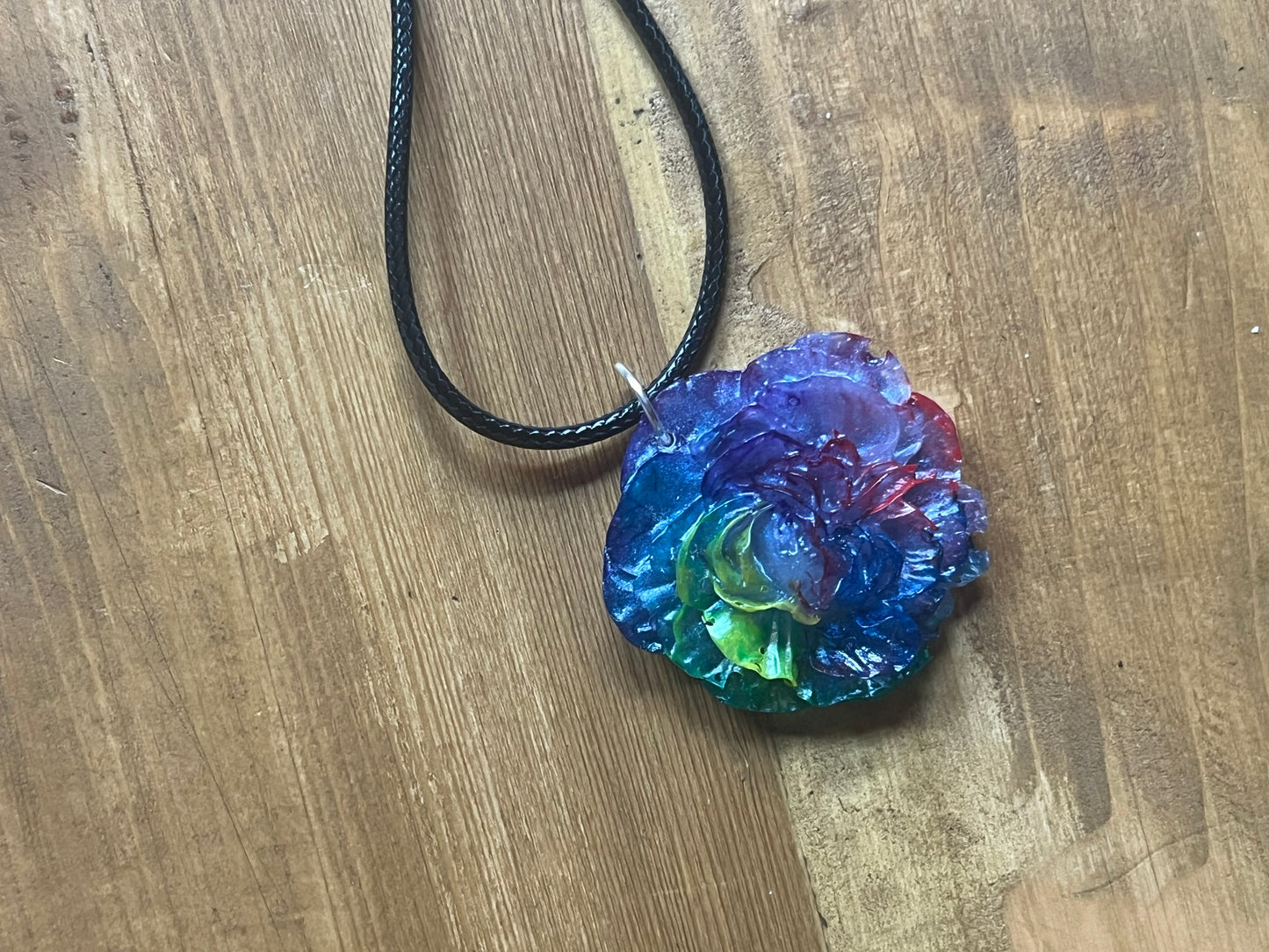 Rainbow Rose Pendant Necklace - Handmade Multicolour Resin Pride Jewellery for Gifting, Everyday Wear