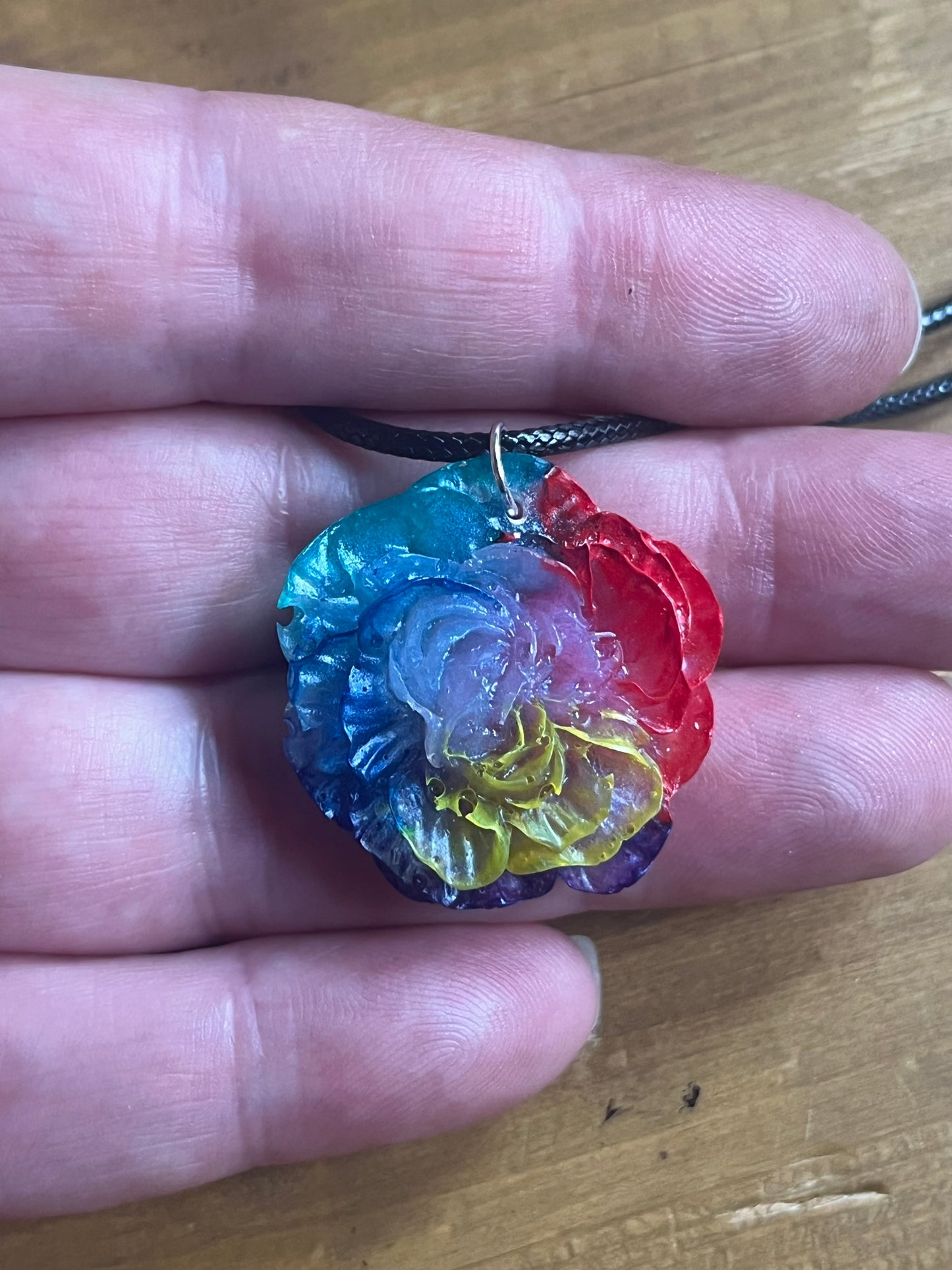 Rainbow Rose Pendant Necklace - Handmade Multicolour Resin Pride Jewellery for Gifting, Everyday Wear