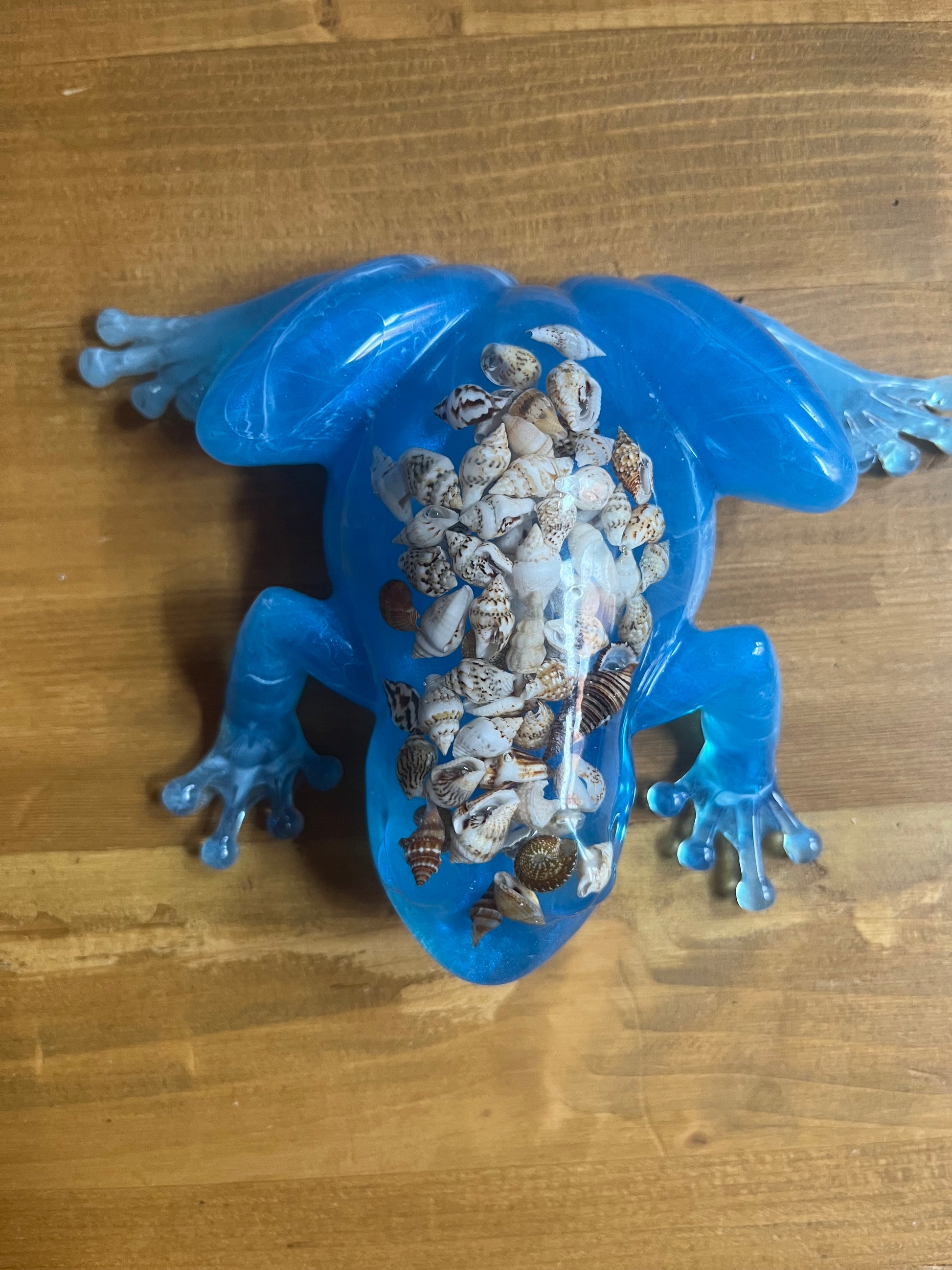 Blue resin frog filled with small sea shells on a wooden surface