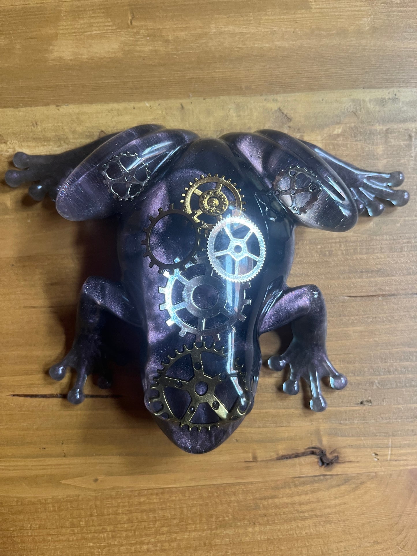 Steampunk Resin Frog Sculpture – Handcrafted Metallic Purple Animal Art Piece