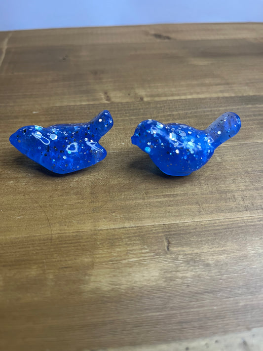 Navy Blue Resin Bird Decor, Small Figurines with Silver Glitter Accents