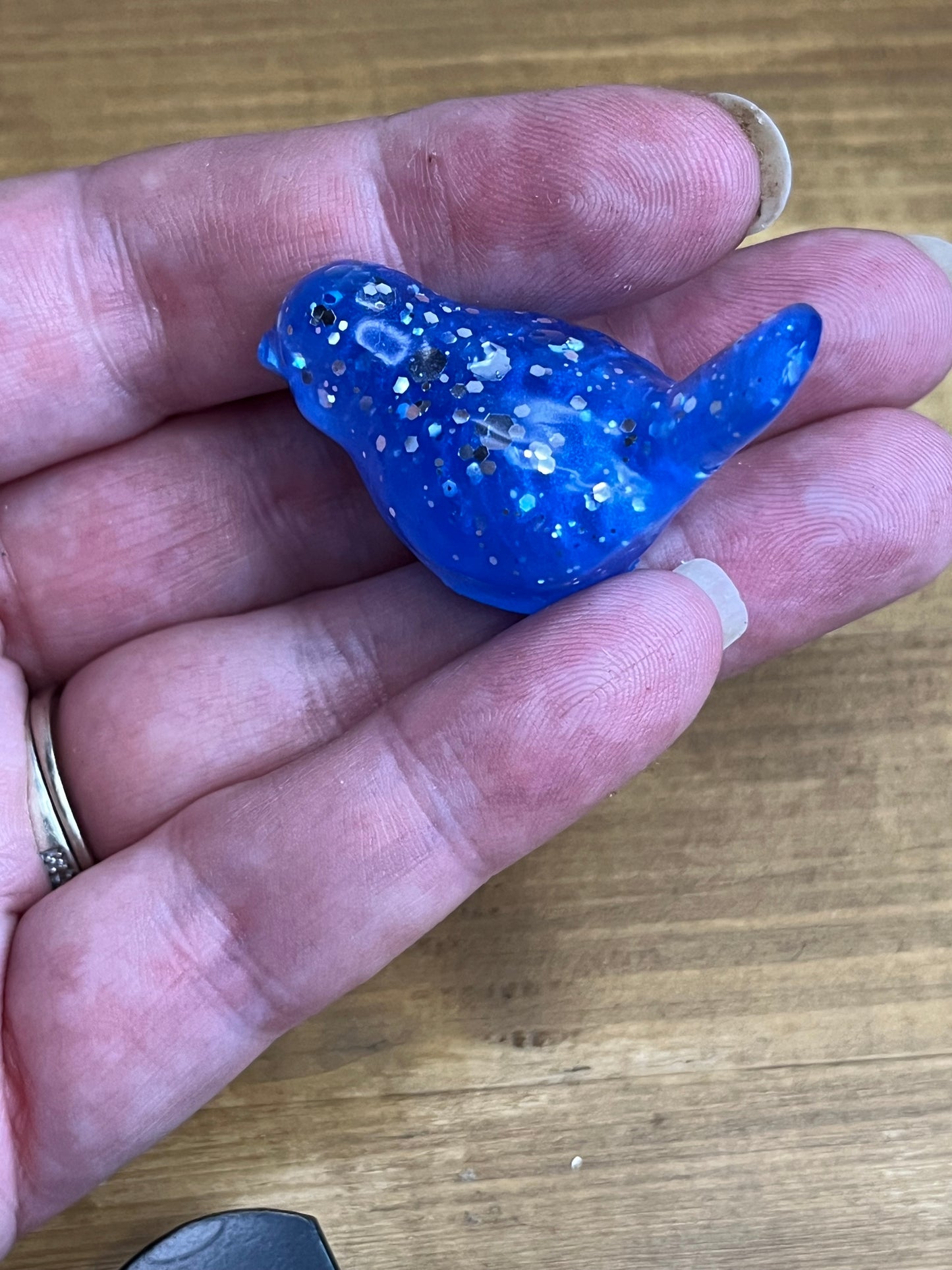 Navy Blue Resin Bird Decor, Small Figurines with Silver Glitter Accents