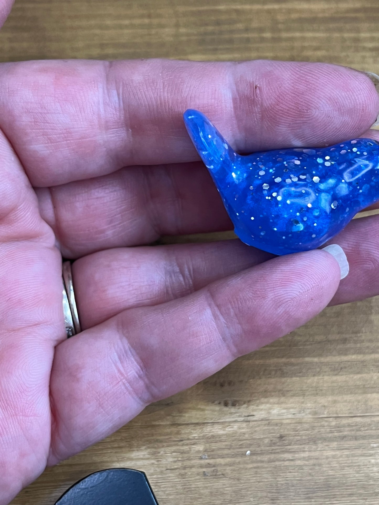 Navy Blue Resin Bird Decor, Small Figurines with Silver Glitter Accents