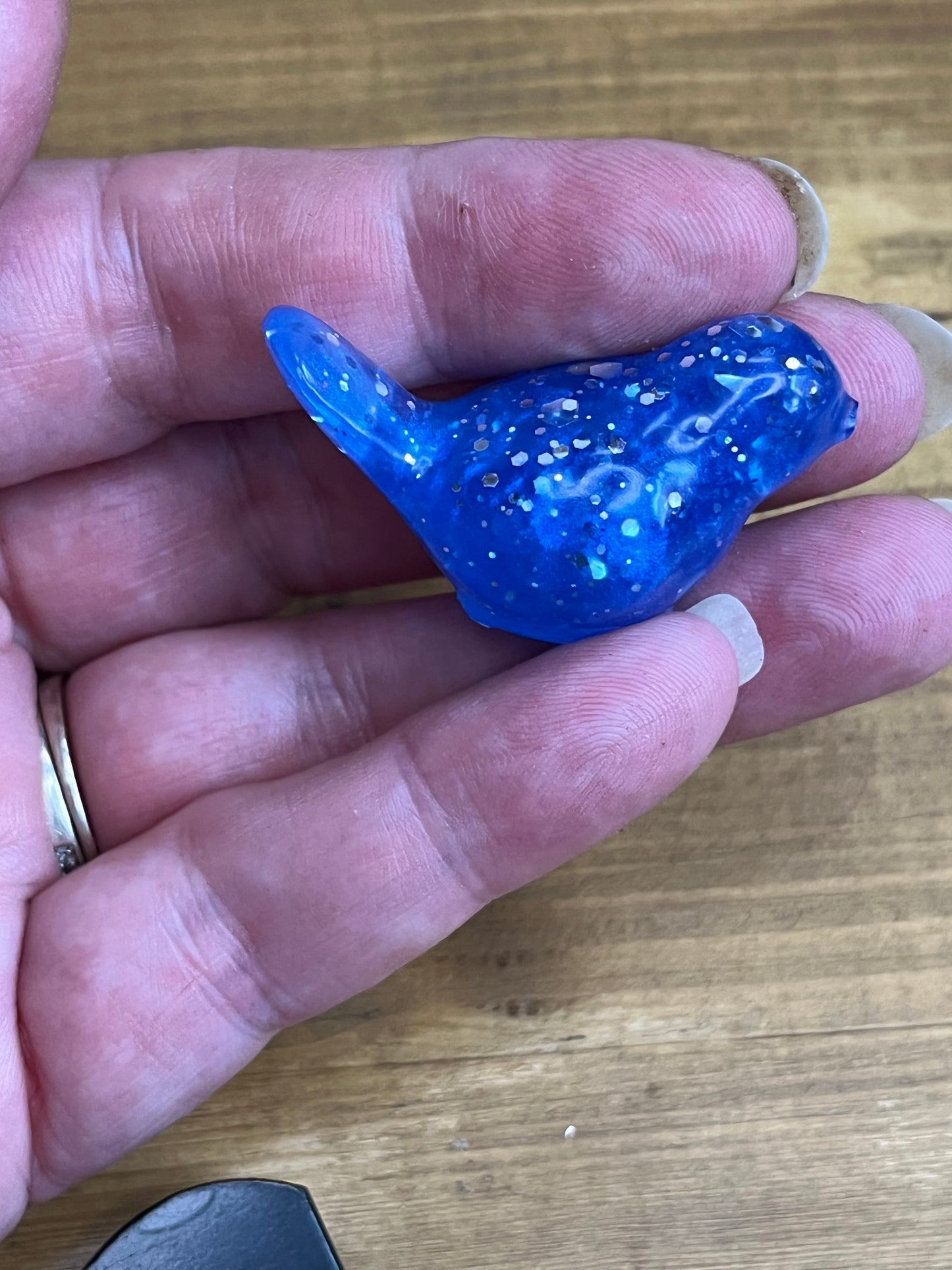 Navy Blue Resin Bird Decor, Small Figurines with Silver Glitter Accents