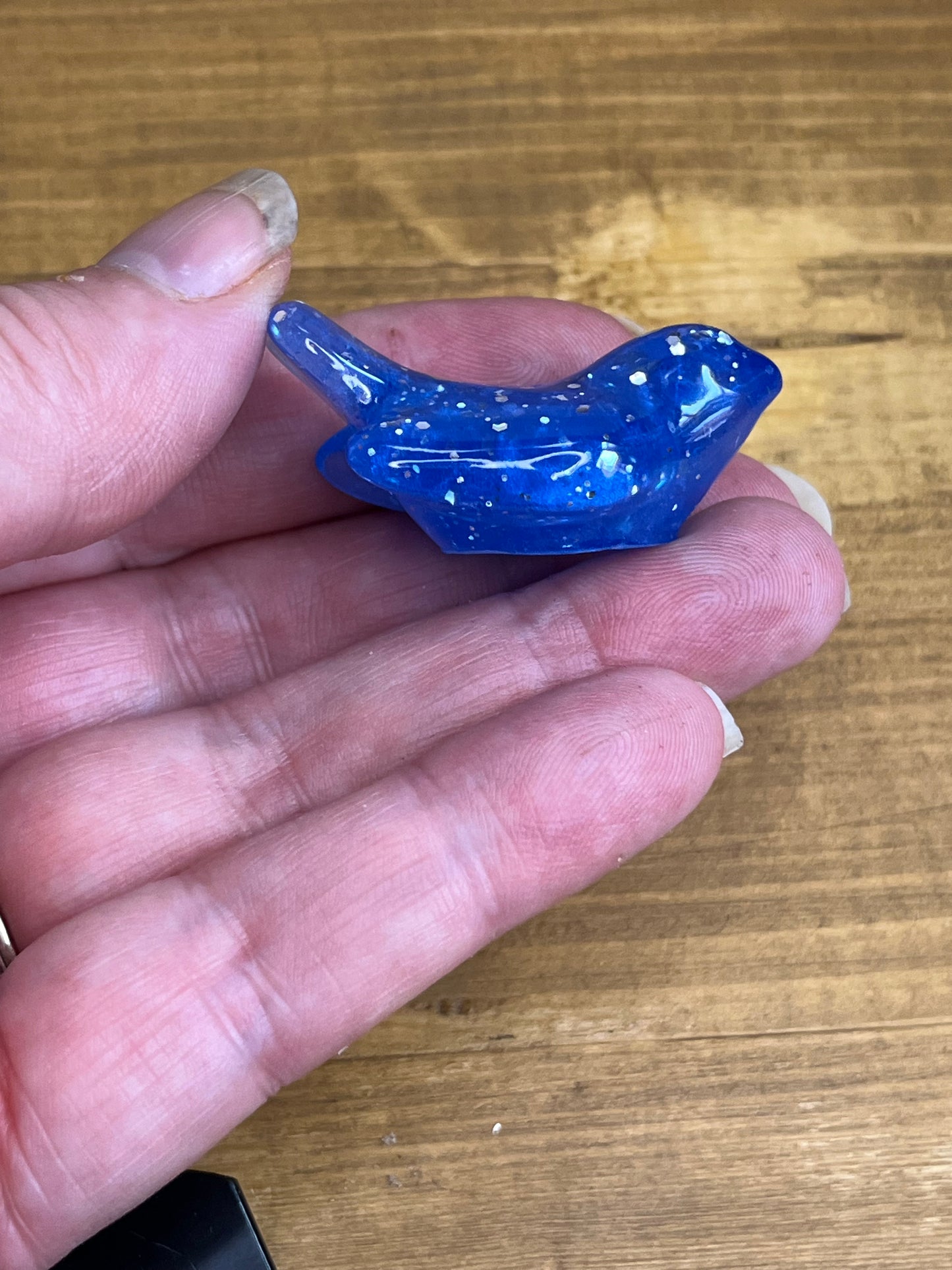 Navy Blue Resin Bird Decor, Small Figurines with Silver Glitter Accents