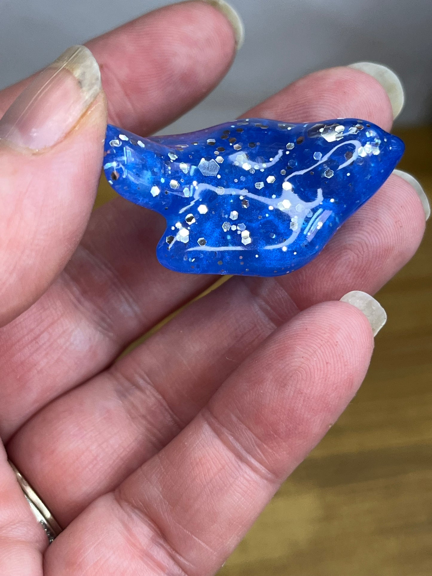 Navy Blue Resin Bird Decor, Small Figurines with Silver Glitter Accents