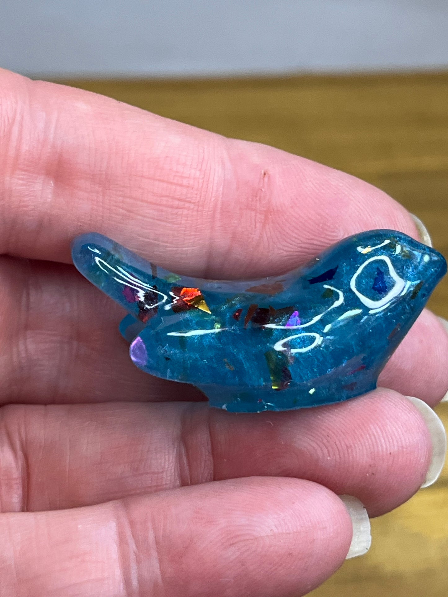 Blue Bird Figurine, Small Resin Sculpture with Colorful Glitter Accents