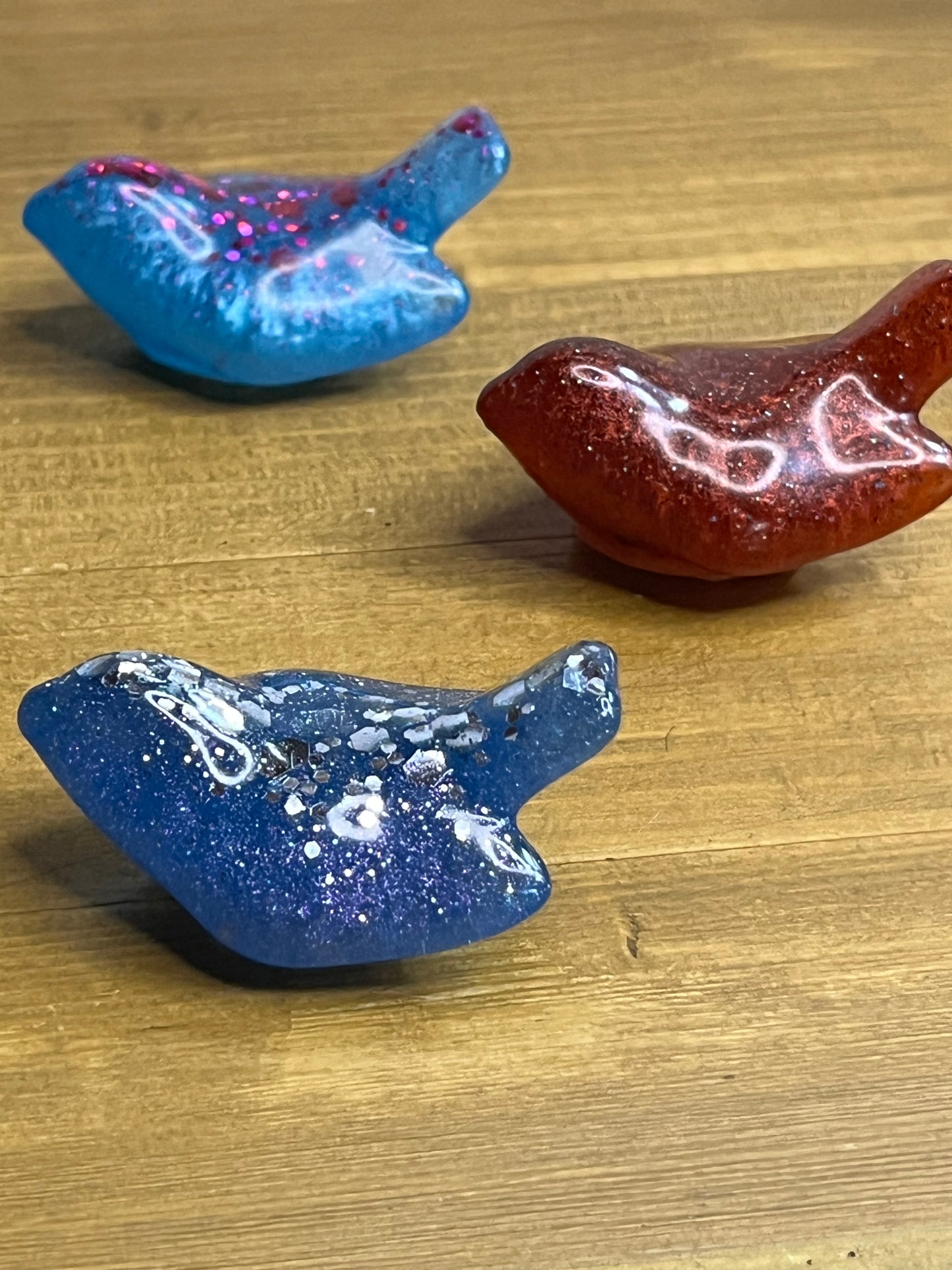 Set of 3 Resin Bird Decor, Blue and Red Glitter Decorative