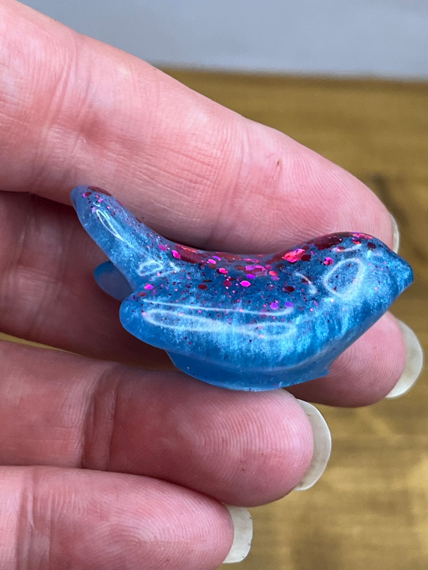Set of 3 Resin Bird Decor, Blue and Red Glitter Decorative