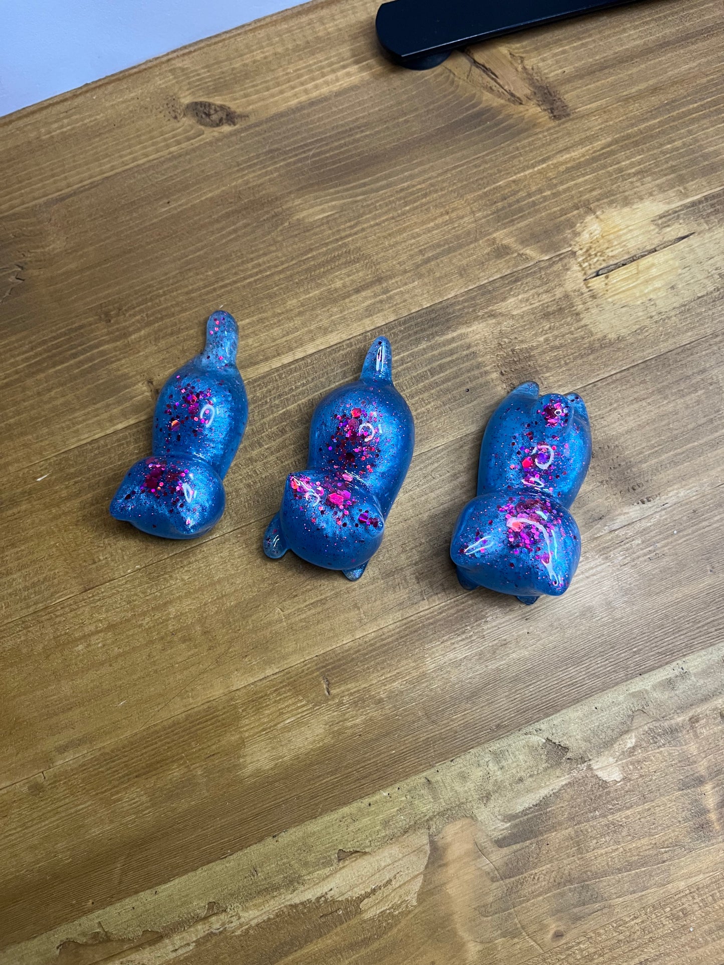 Set of 3 Blue Resin Cats with Red Glitter Accents, Figurines