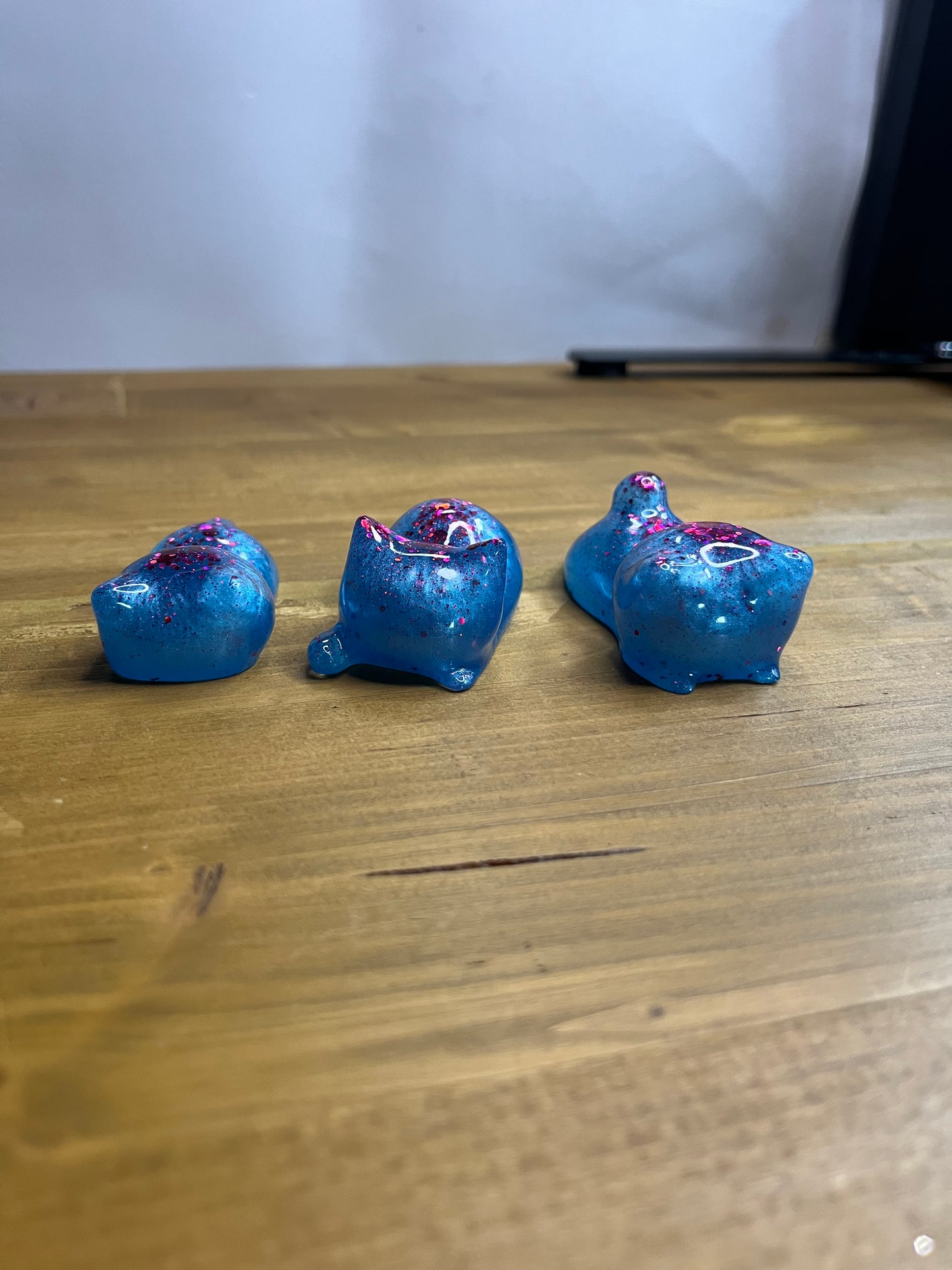 Set of 3 Blue Resin Cats with Red Glitter Accents, Figurines